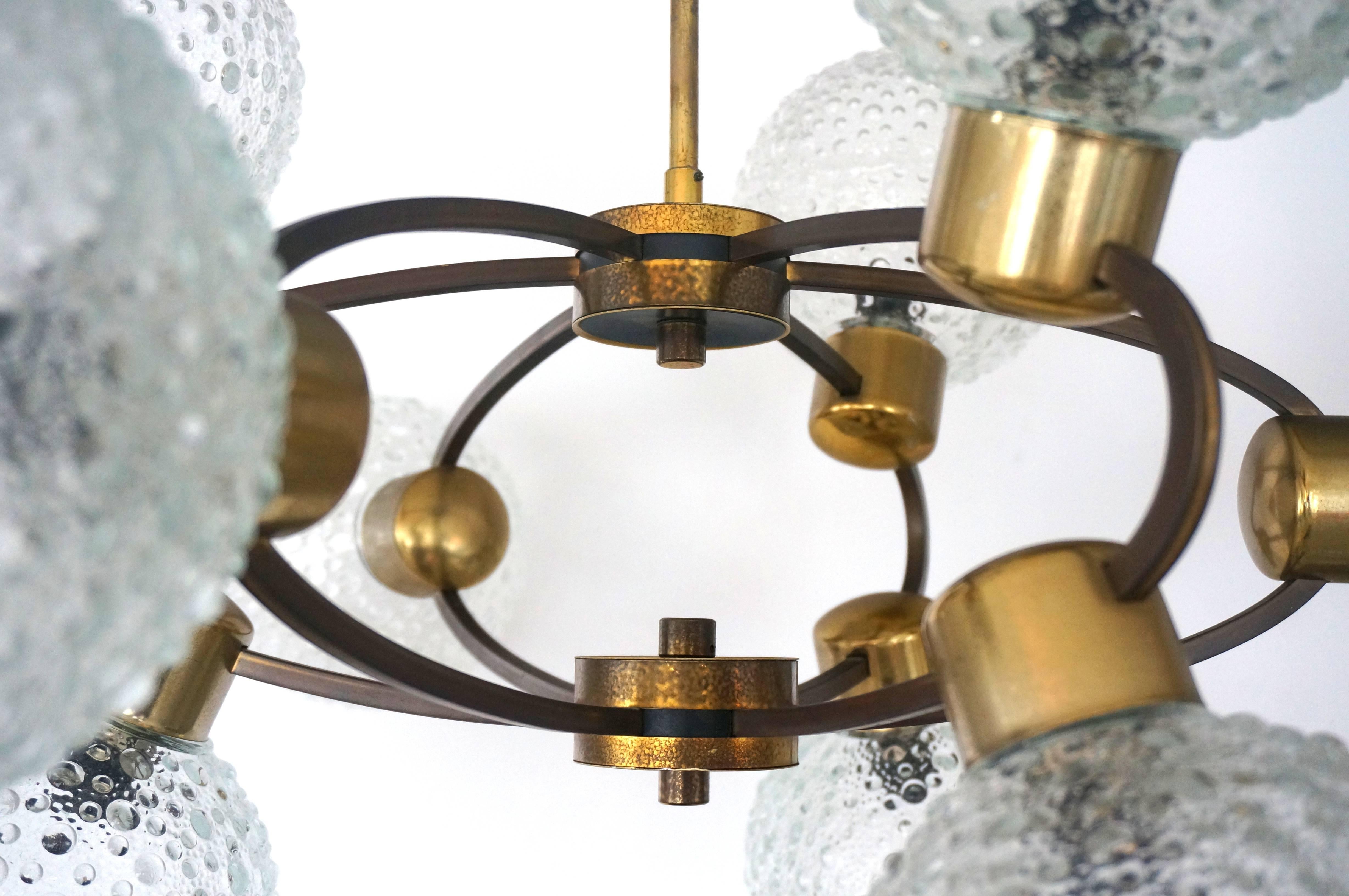 Molded Mid-Century Modern Atomic-Orbital Chandelier, Antique Brass with Glass Globes