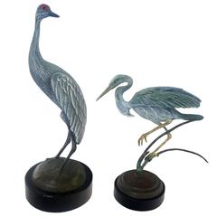 Set of Two Patinated Bronzes by Geoffry C. Smith of a Sandhill Crane & Heron