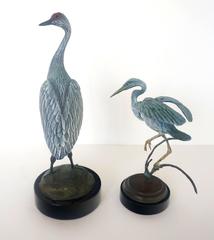 Set of Two Patinated Bronzes by Geoffry C. Smith of a Sandhill Crane & Heron