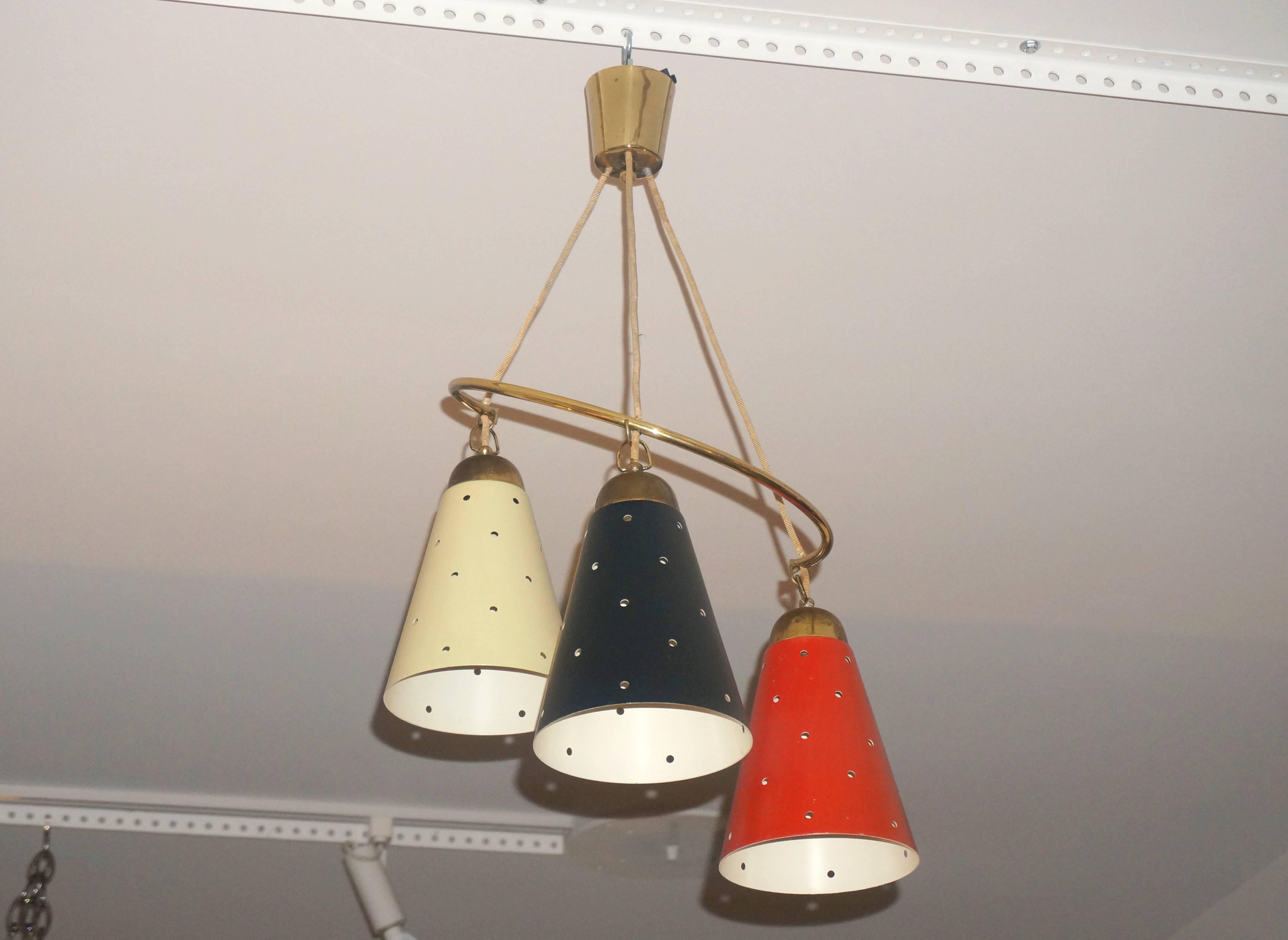 Italian Mid-Century Modern Chandelier, Multicolored Enameled Shades and Brass, Italy