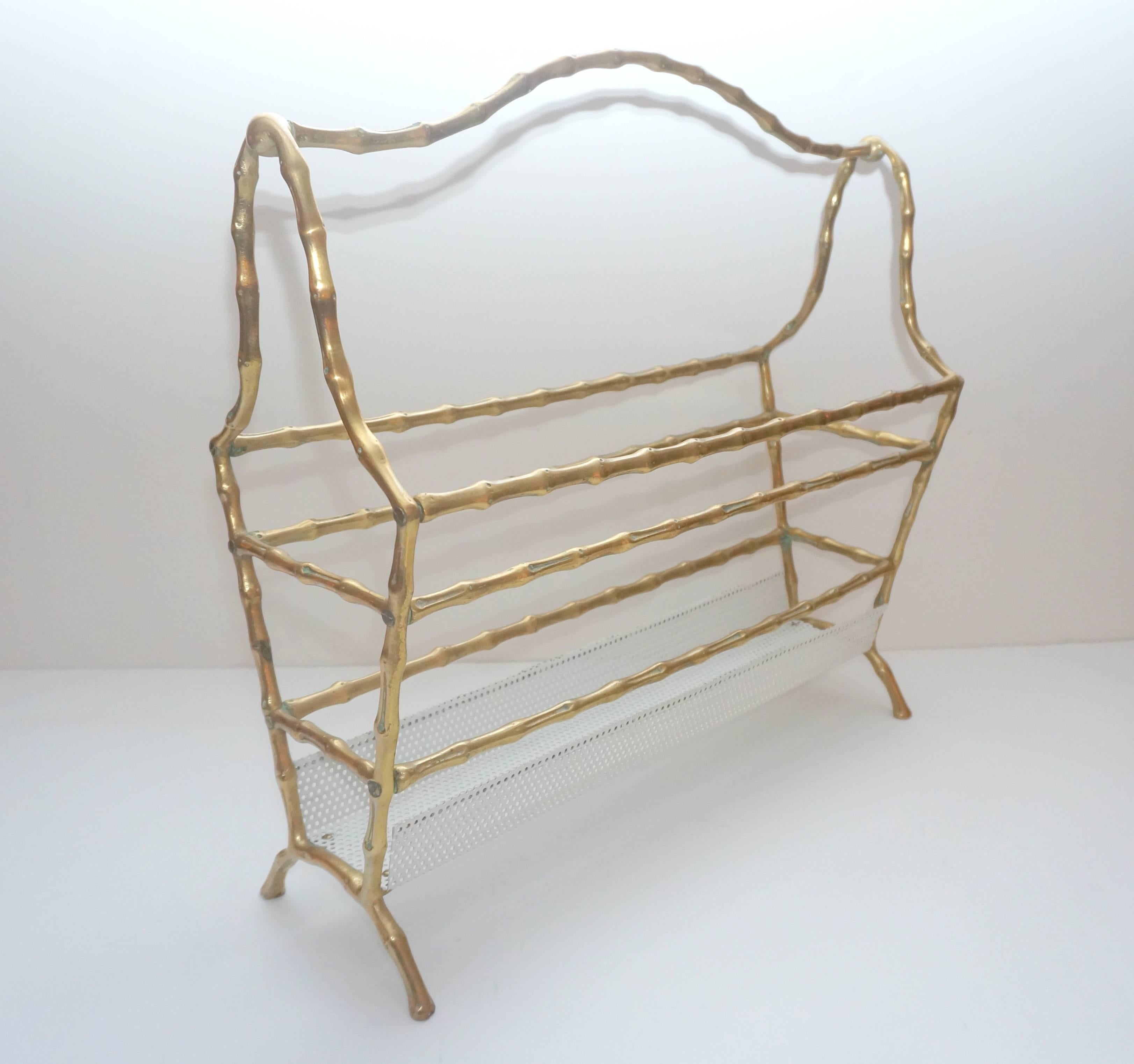 20th Century Hollywood-Regency Style, Faux-Bamboo Magazine Stand, Bronze and Enameled Metal