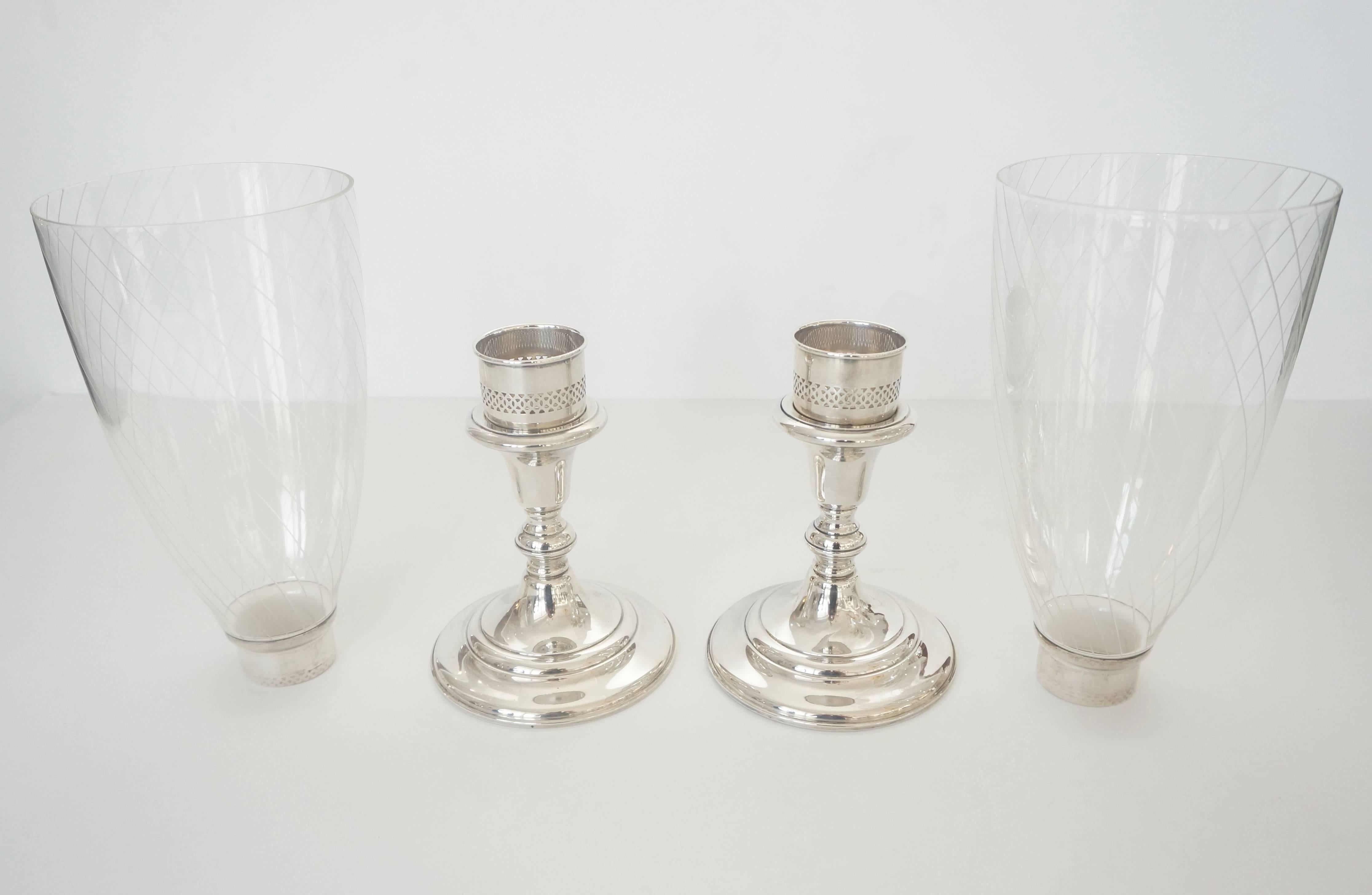    Pair of Hurricane Candleholders, Sterling Silver, Crystal, Black, Starr & Gor In Excellent Condition In West Palm Beach, FL