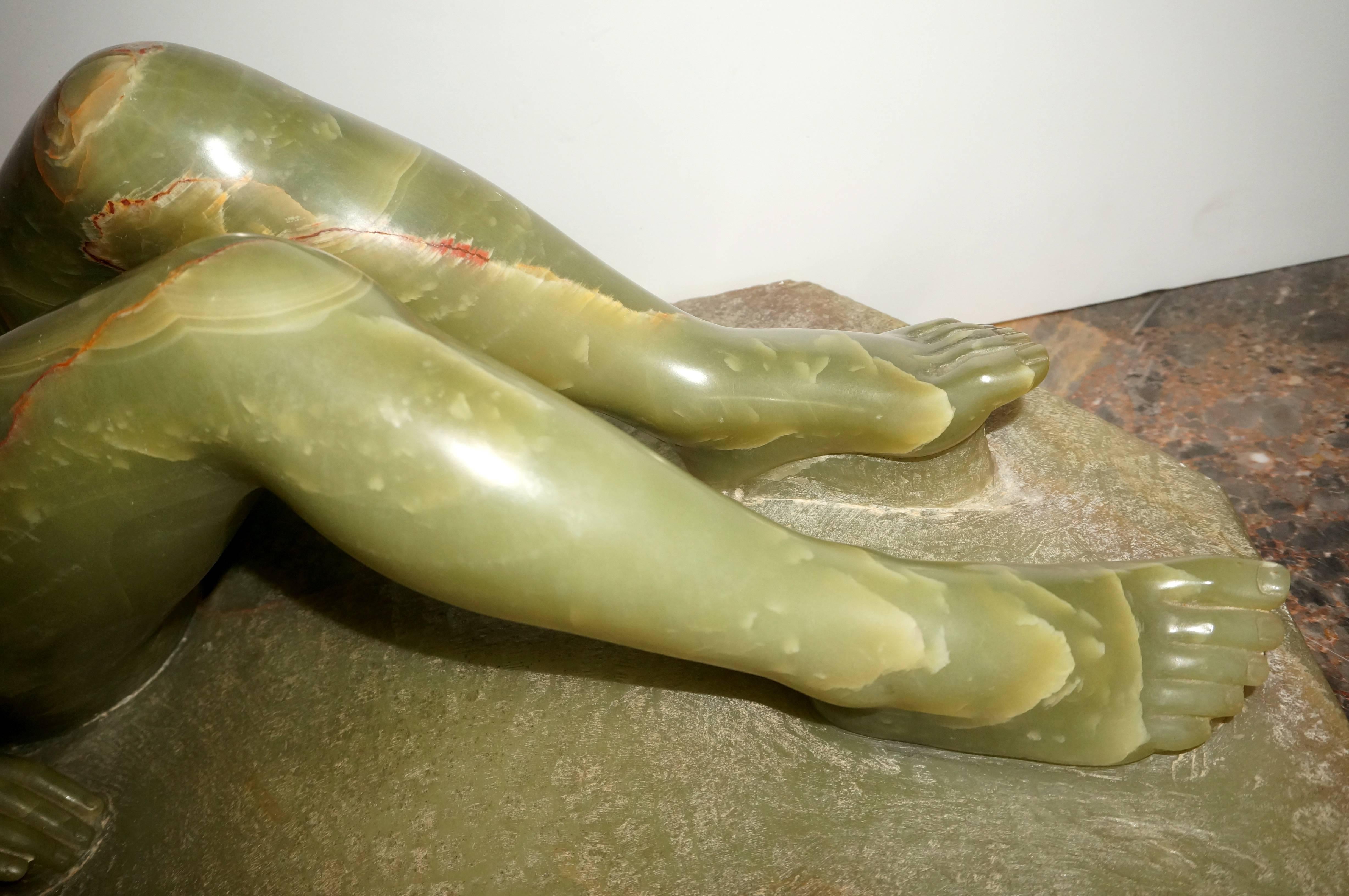 Art Deco Large-Scale Onyx Sculpture of a Reclining Female Nude by Nuri Tortras