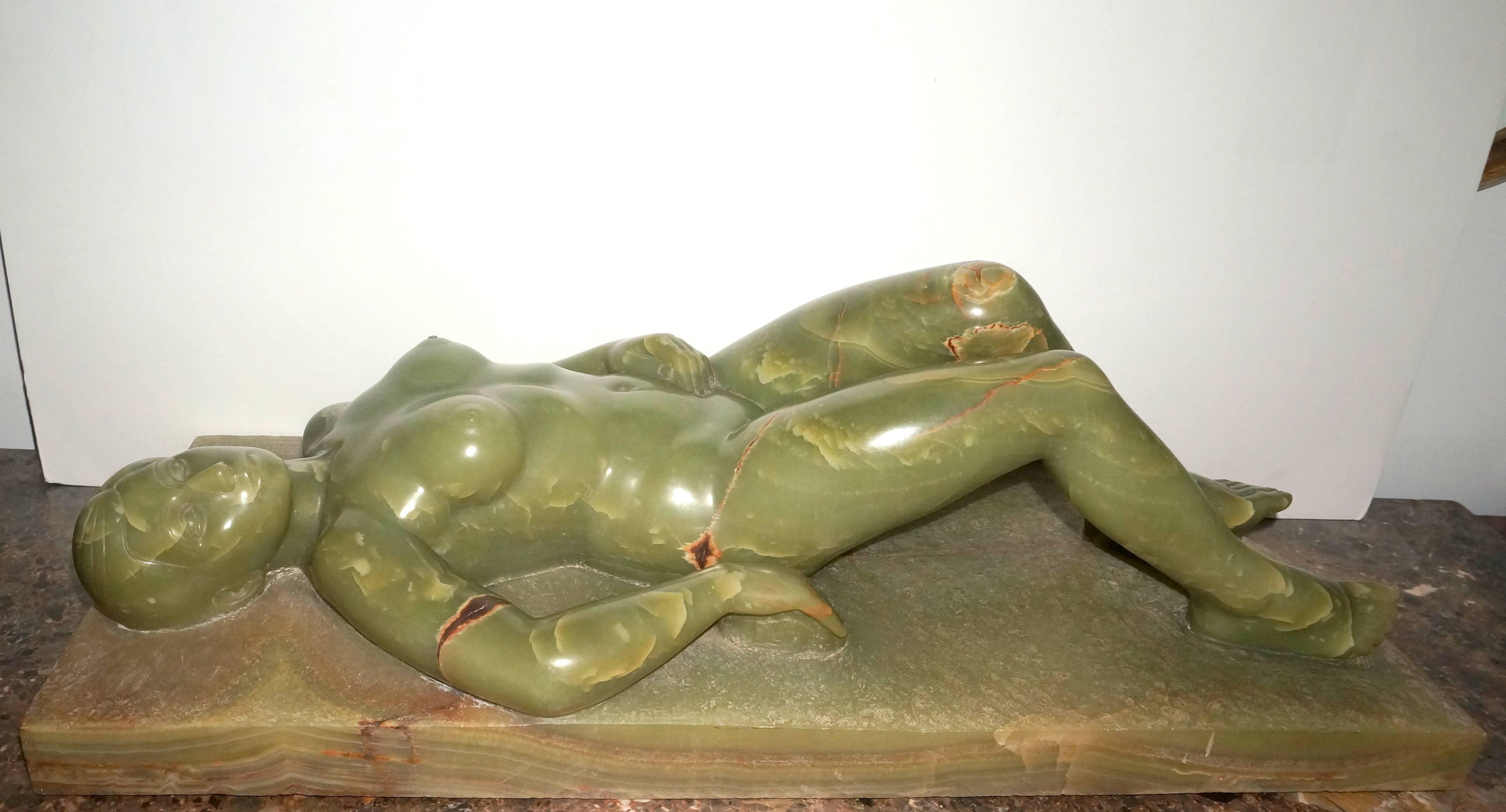 Carved Large-Scale Onyx Sculpture of a Reclining Female Nude by Nuri Tortras