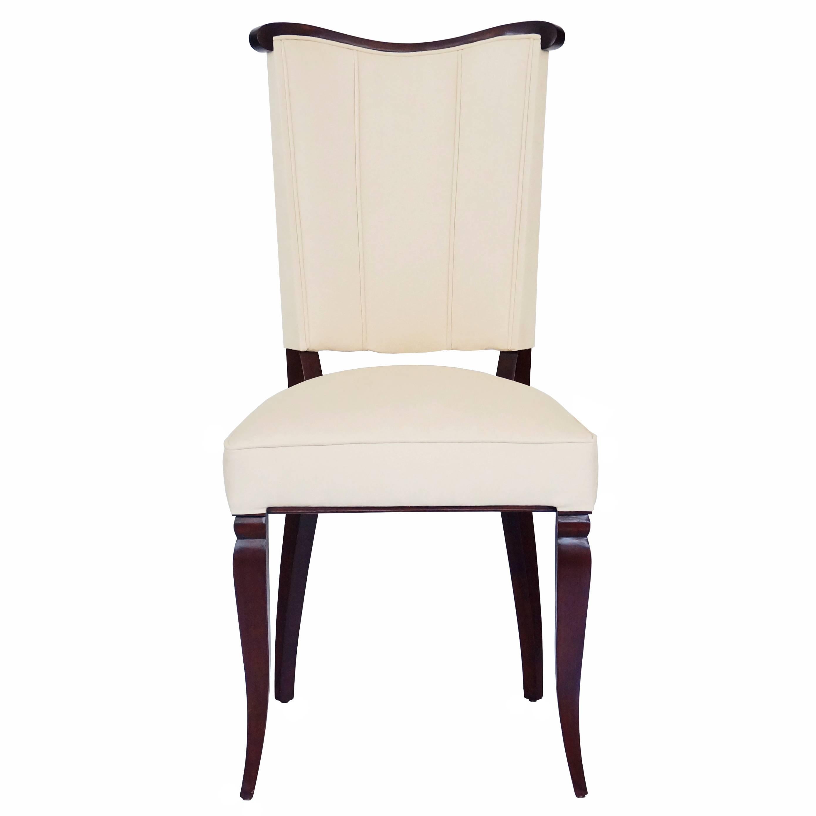 This set of six Italian dining room side  chairs are attributed to Paolo Buffa and date to the 1950s.  The frames are mahogany and the fabric is washed-tan-cream colored ultra-suede. 

Note: These piece have been professionally restored and