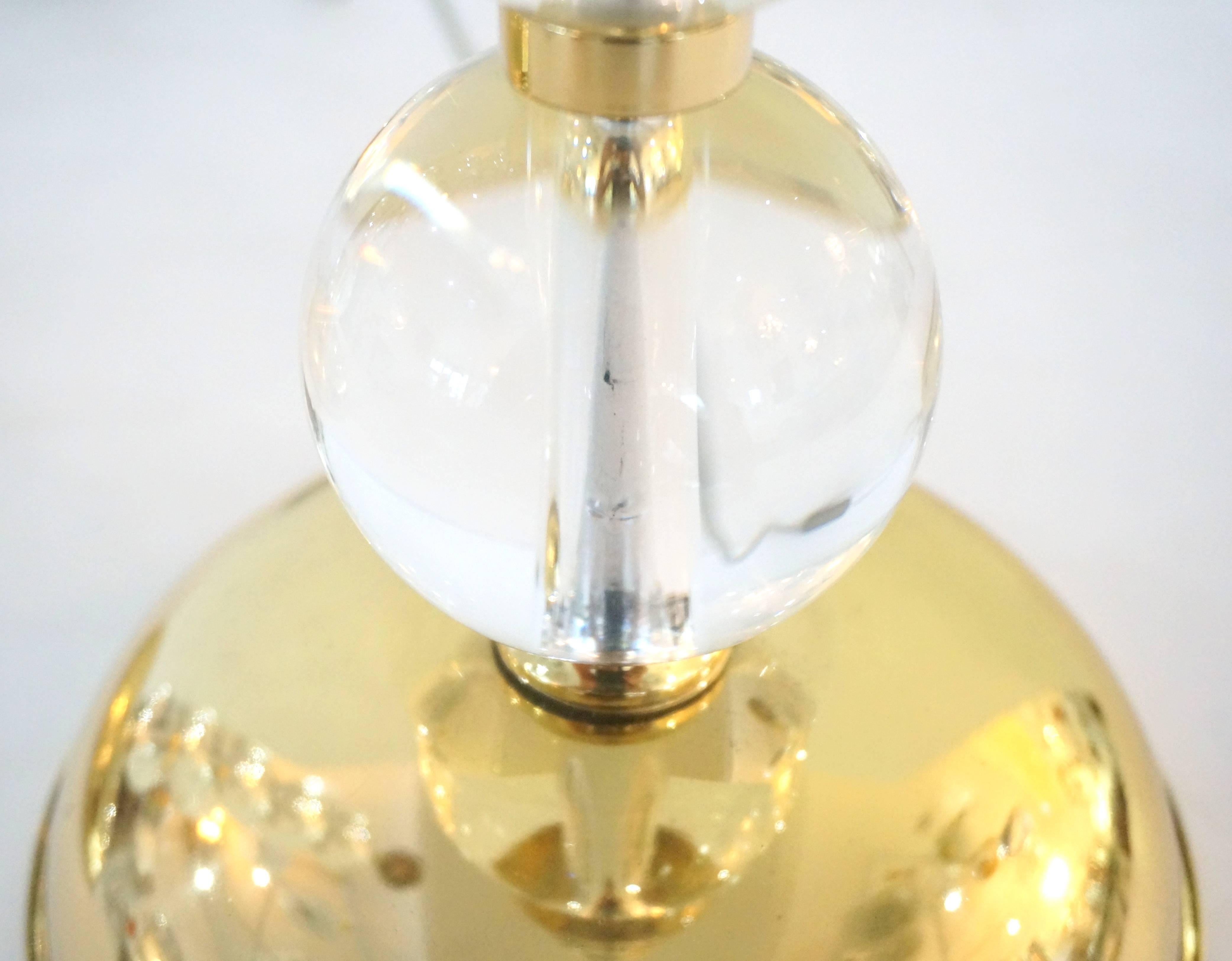 Molded Pair of Art Deco Table Lamps in Brass with Clear Crystal Spheres