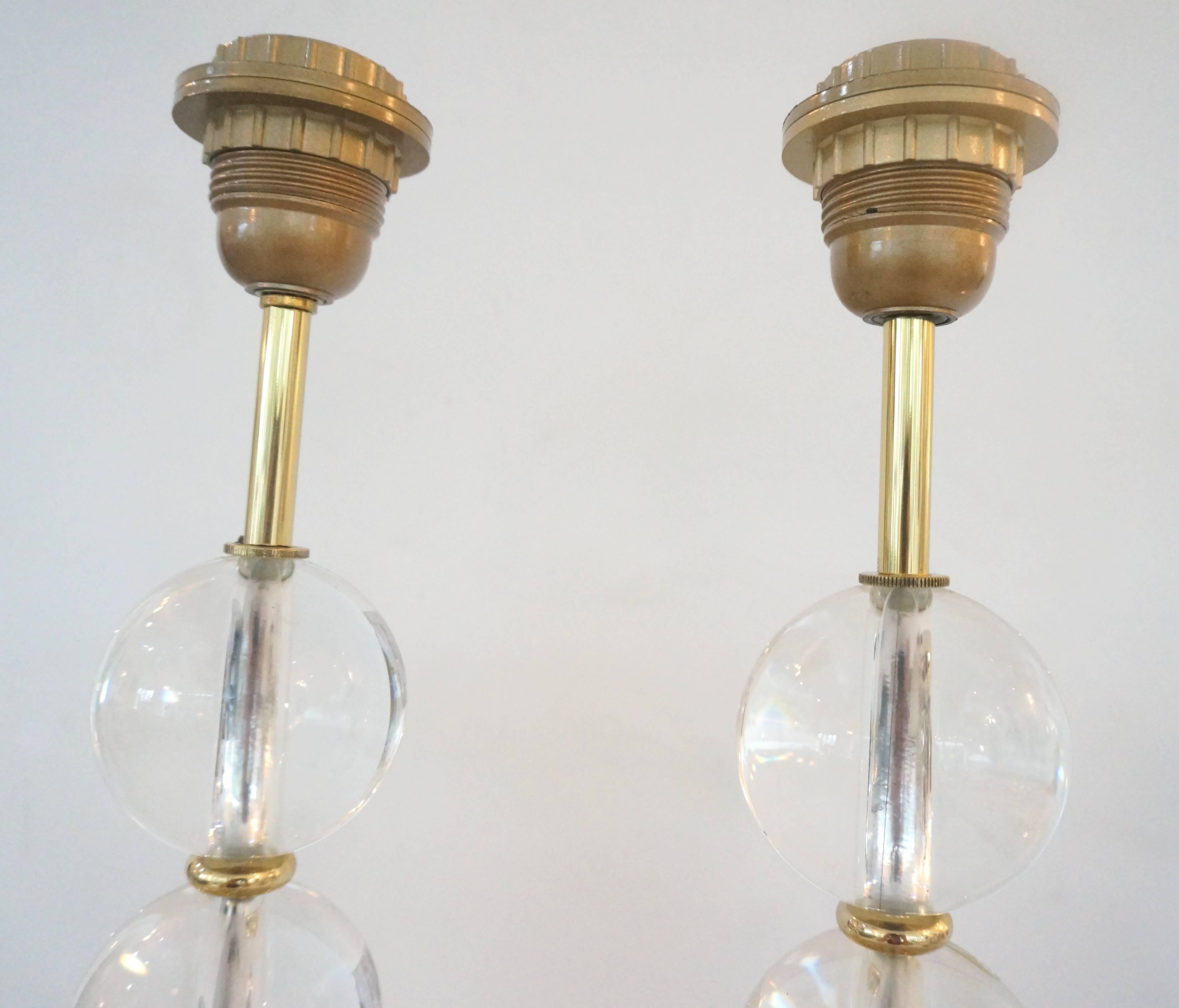 20th Century Pair of Art Deco Table Lamps in Brass with Clear Crystal Spheres