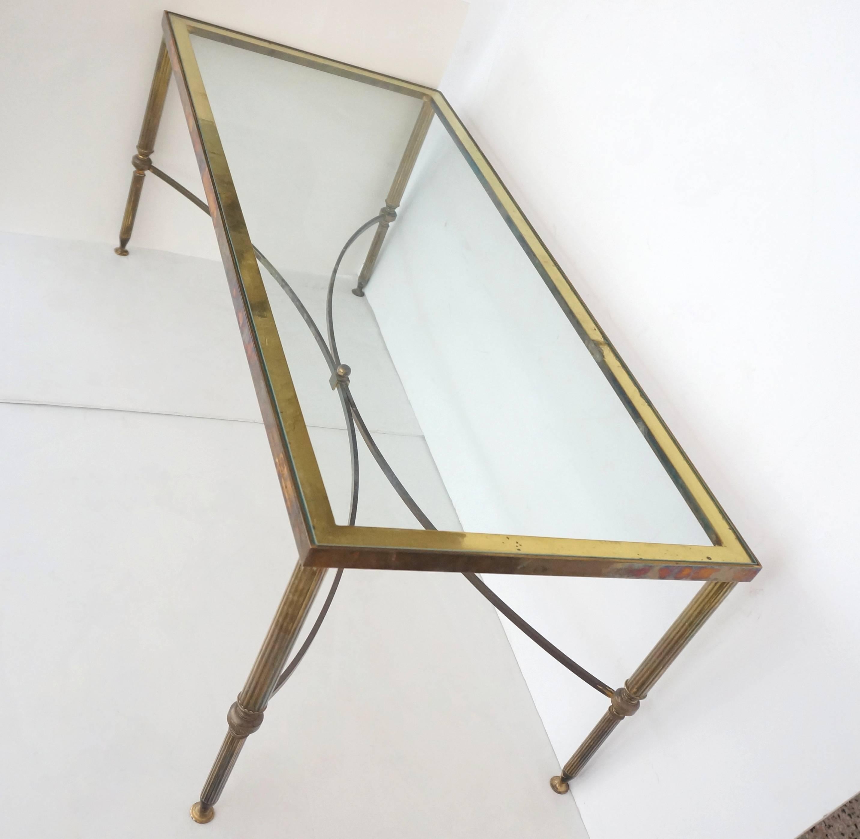 Hollywood Regency Mid-Century Maison Jansen Style Rectangular Cocktail Table, Brass and Glass