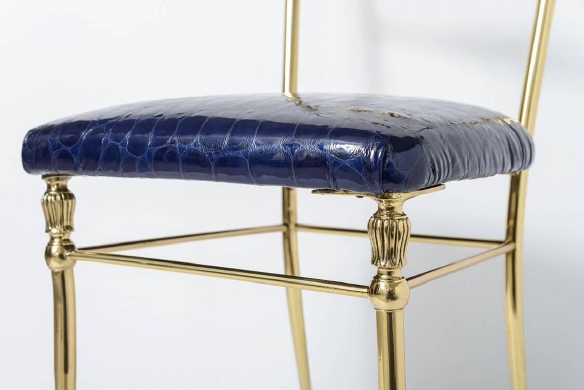 Chiavari Brass Side Chair in Navy Blue Italian Patent Leather Pattern Alligator In Excellent Condition In West Palm Beach, FL