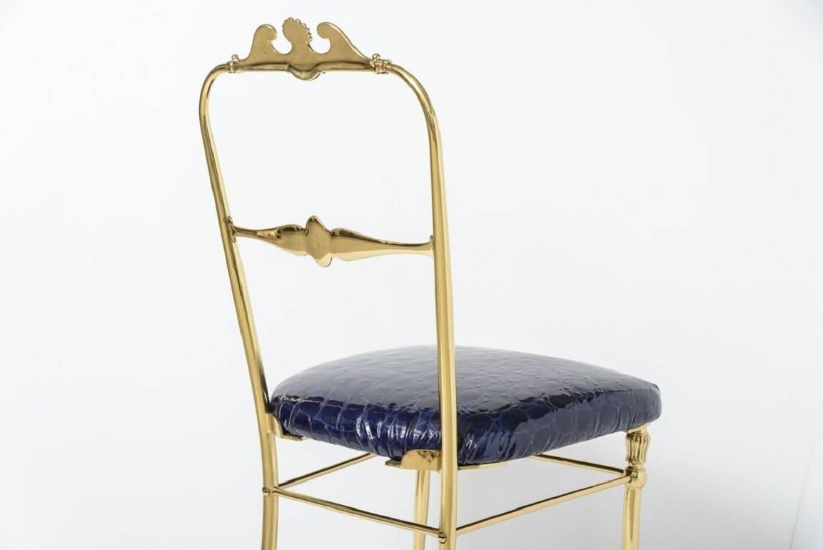 Chiavari Brass Side Chair in Navy Blue Italian Patent Leather Pattern Alligator 2