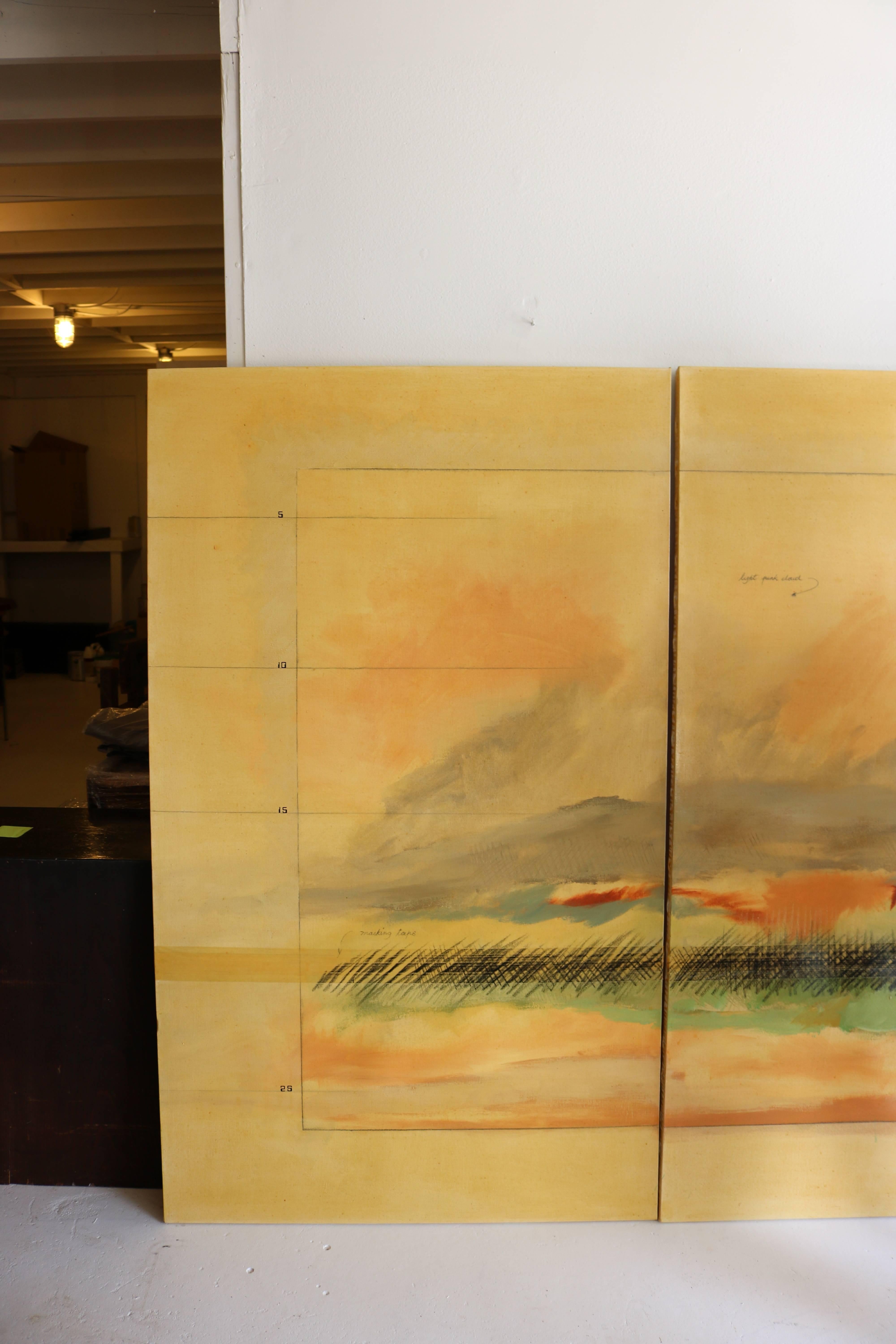 This large-scale triptych is signed Savoie (Robert Savoie, Canadian, b.1939) and seems to depict a passing rain storm across the open-plains. The muted coloration give the piece a sense of calm and peace.

