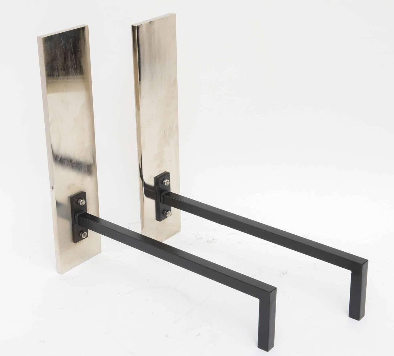 Contemporary Pair of Polished Chrome and Wrought Iron Flat-Bar Andirons