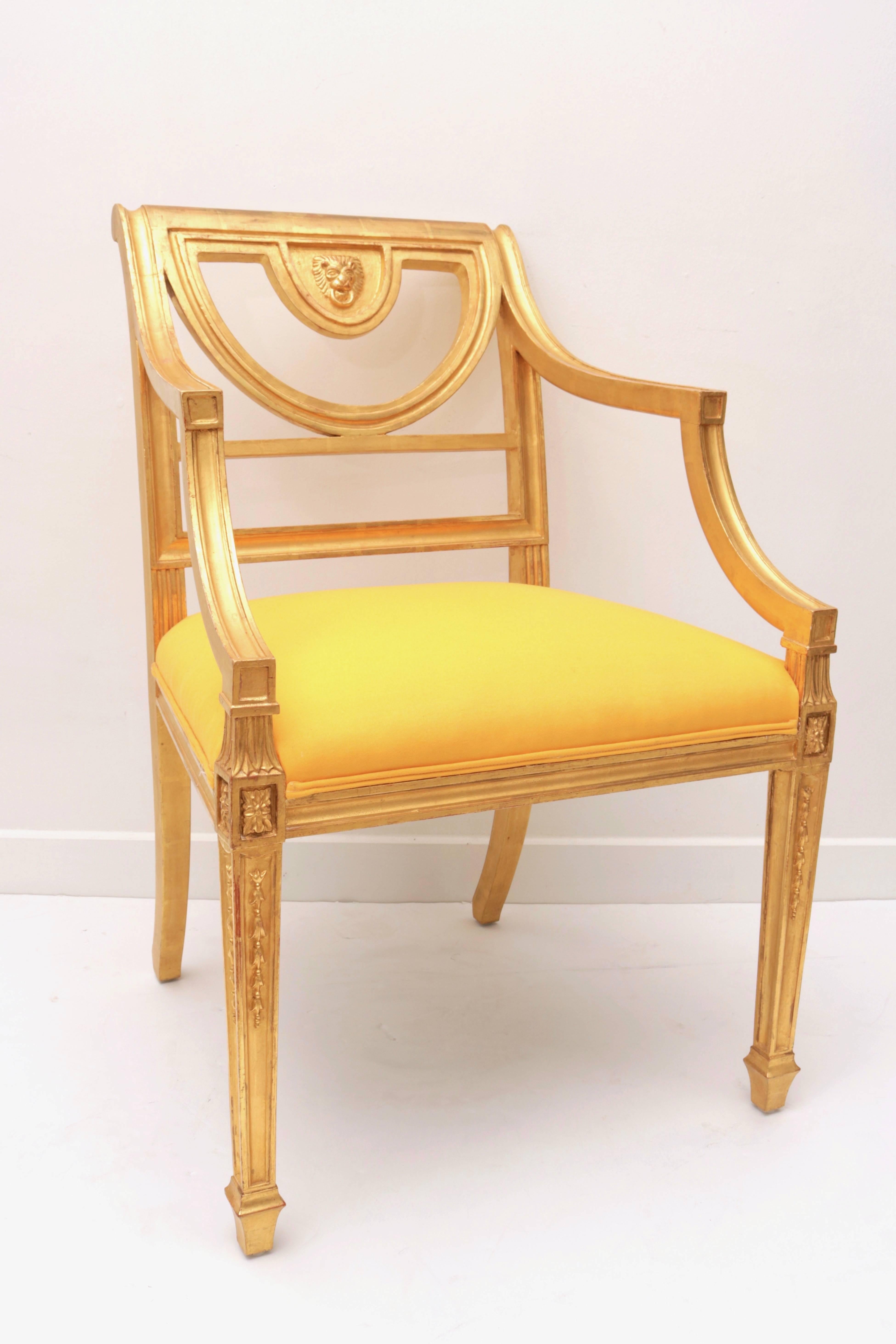 The set of 16 dining chairs will make the perfect perch for your dining room or salon with their Italian frames in parcel-gilt gold and the upholstery fabric in soft marigold color.
 
Note: Dimensions of the four (4) side chairs are 33.50"