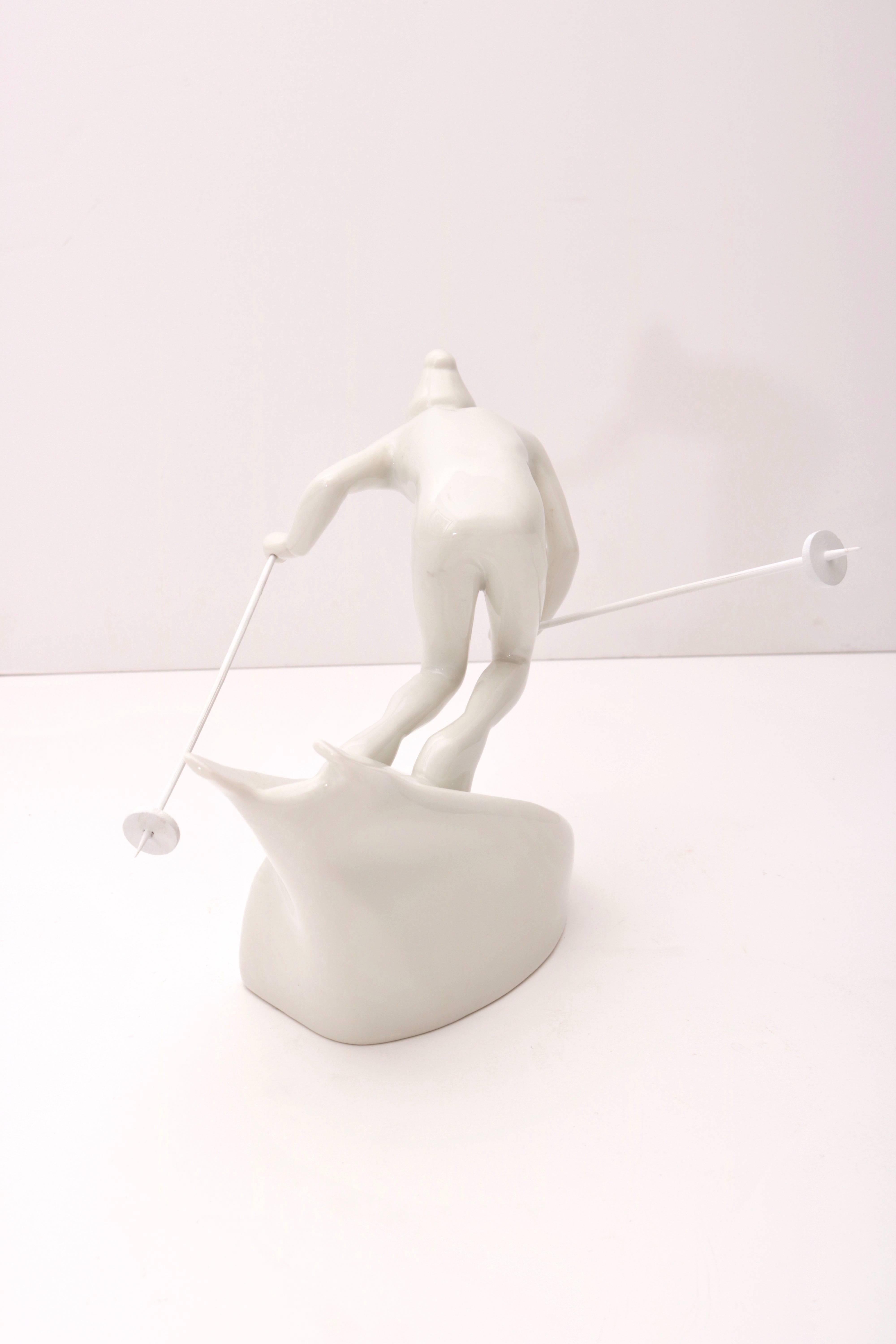 Mid-Century Modern Royal Dux White Porcelain Figurine of a Skier