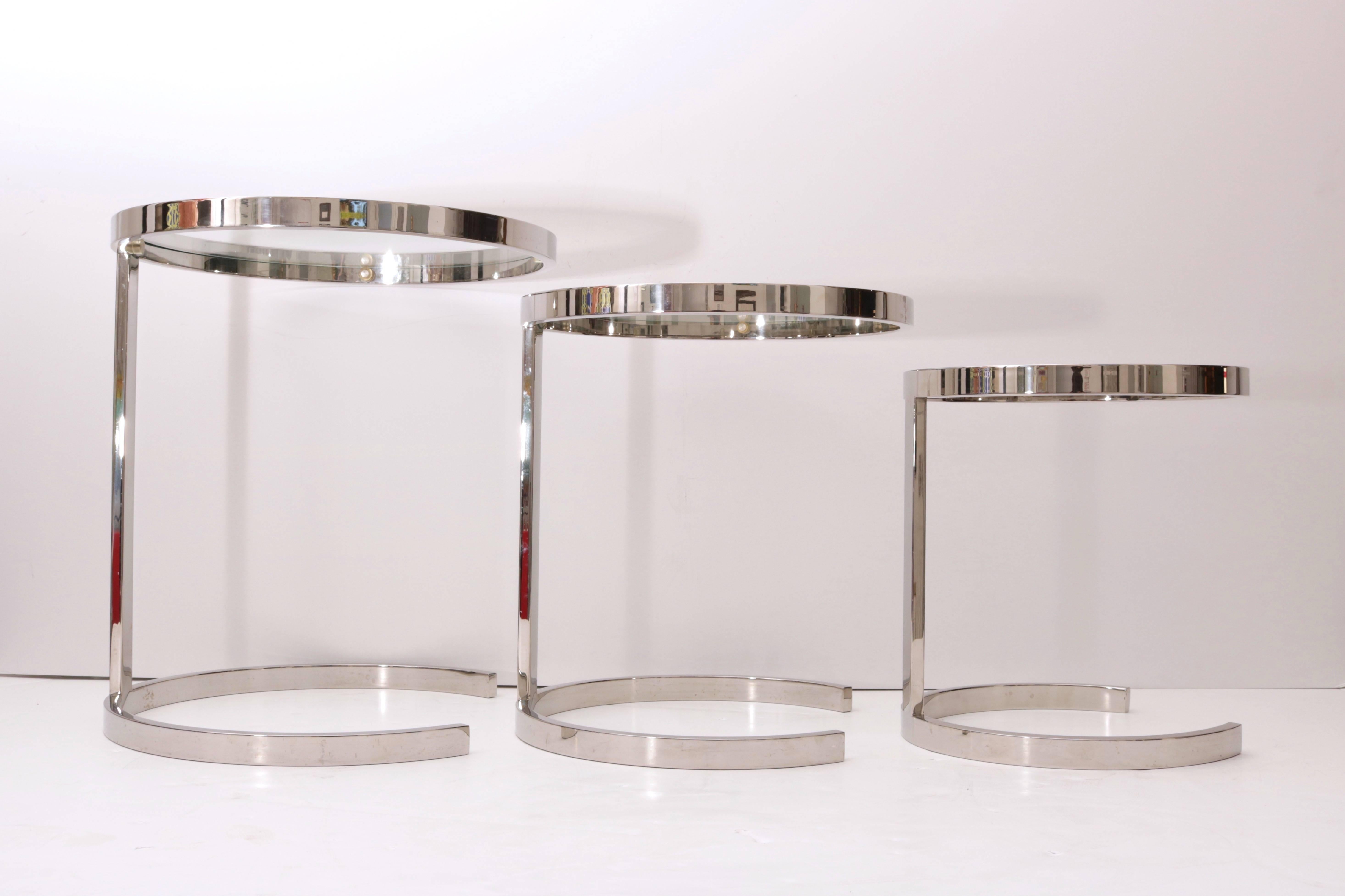 American Brueton, Set of Three Nesting Tables in Polished Steel and Glass