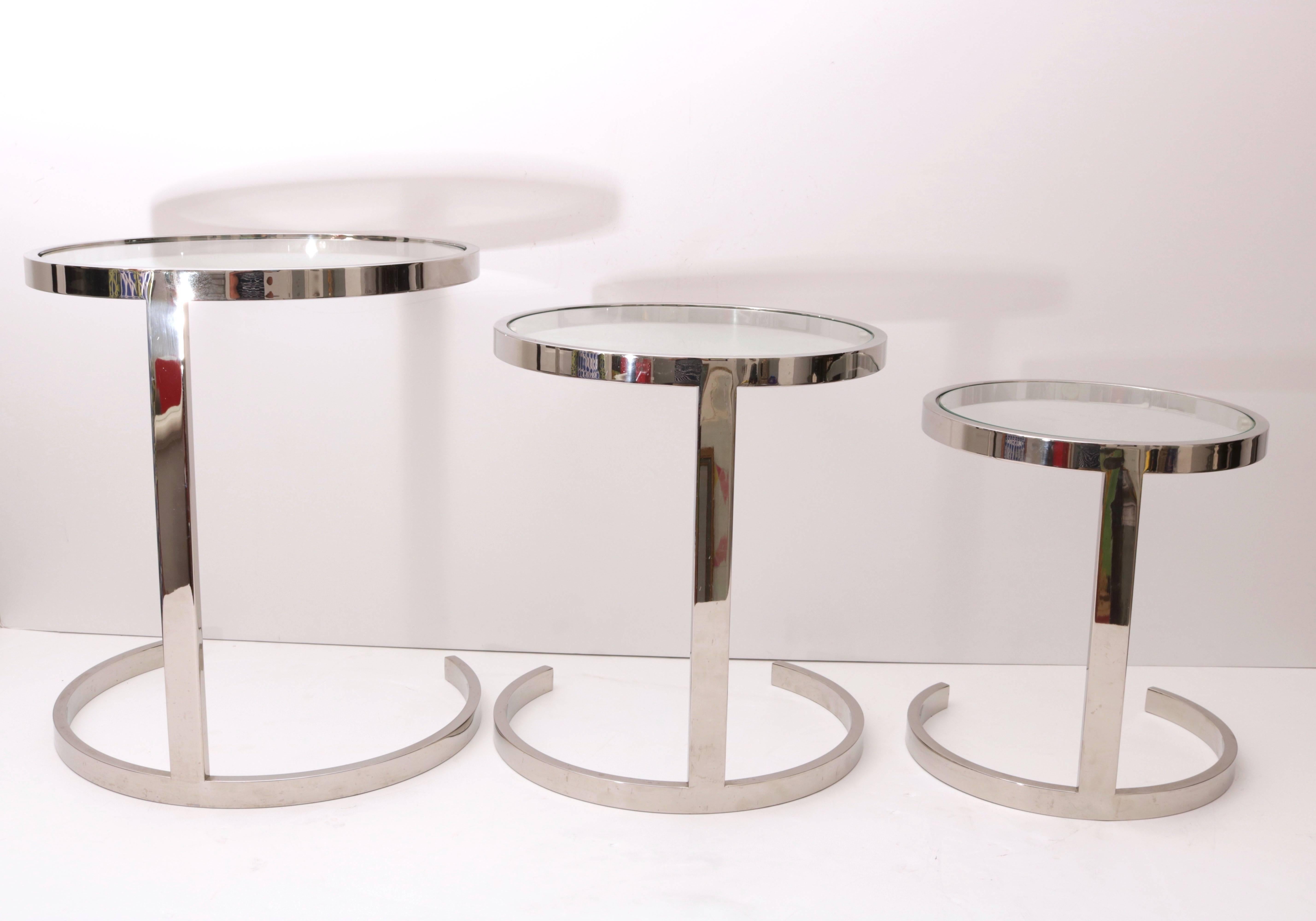 20th Century Brueton, Set of Three Nesting Tables in Polished Steel and Glass