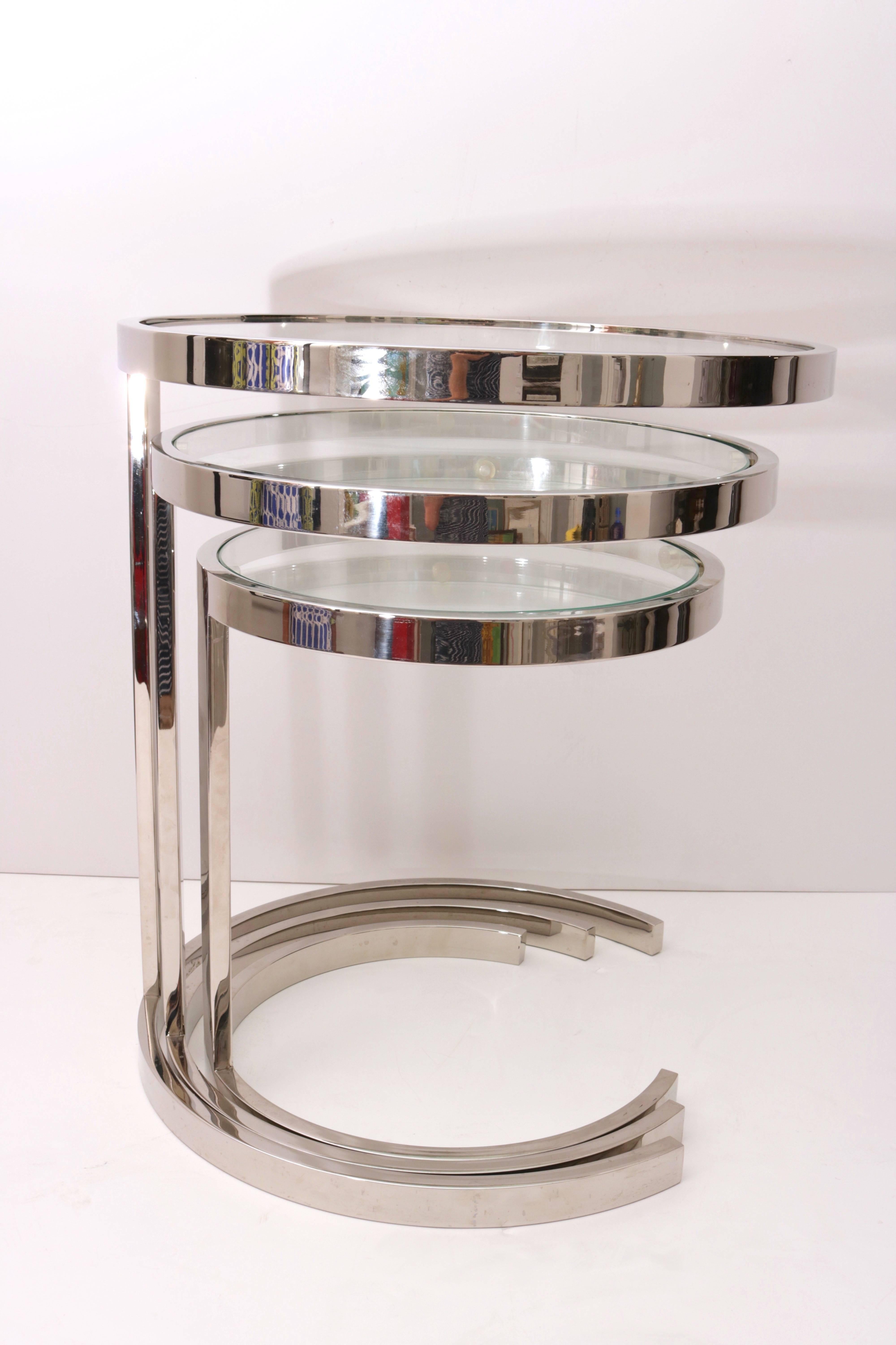Brueton, Set of Three Nesting Tables in Polished Steel and Glass 2