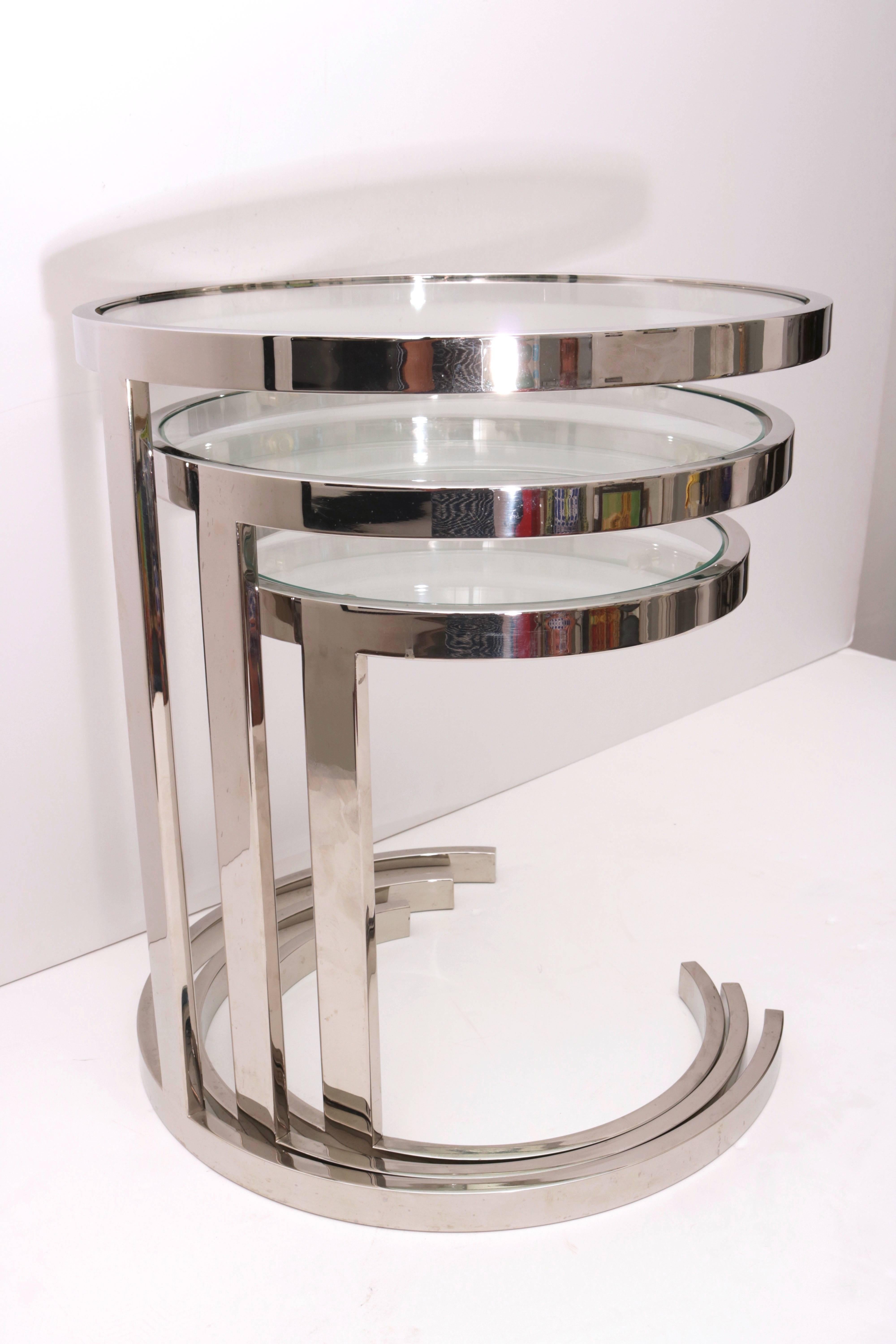 Brueton, Set of Three Nesting Tables in Polished Steel and Glass 5