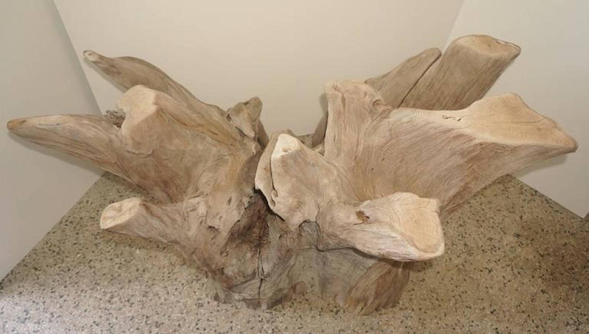 This table base is from a (naturally fallen) Florida cypress tree and could be used with a rectangular piece of glass for a dining table, centre table or perhaps a console table. The piece retains its natural washed-coloration which gives it a very