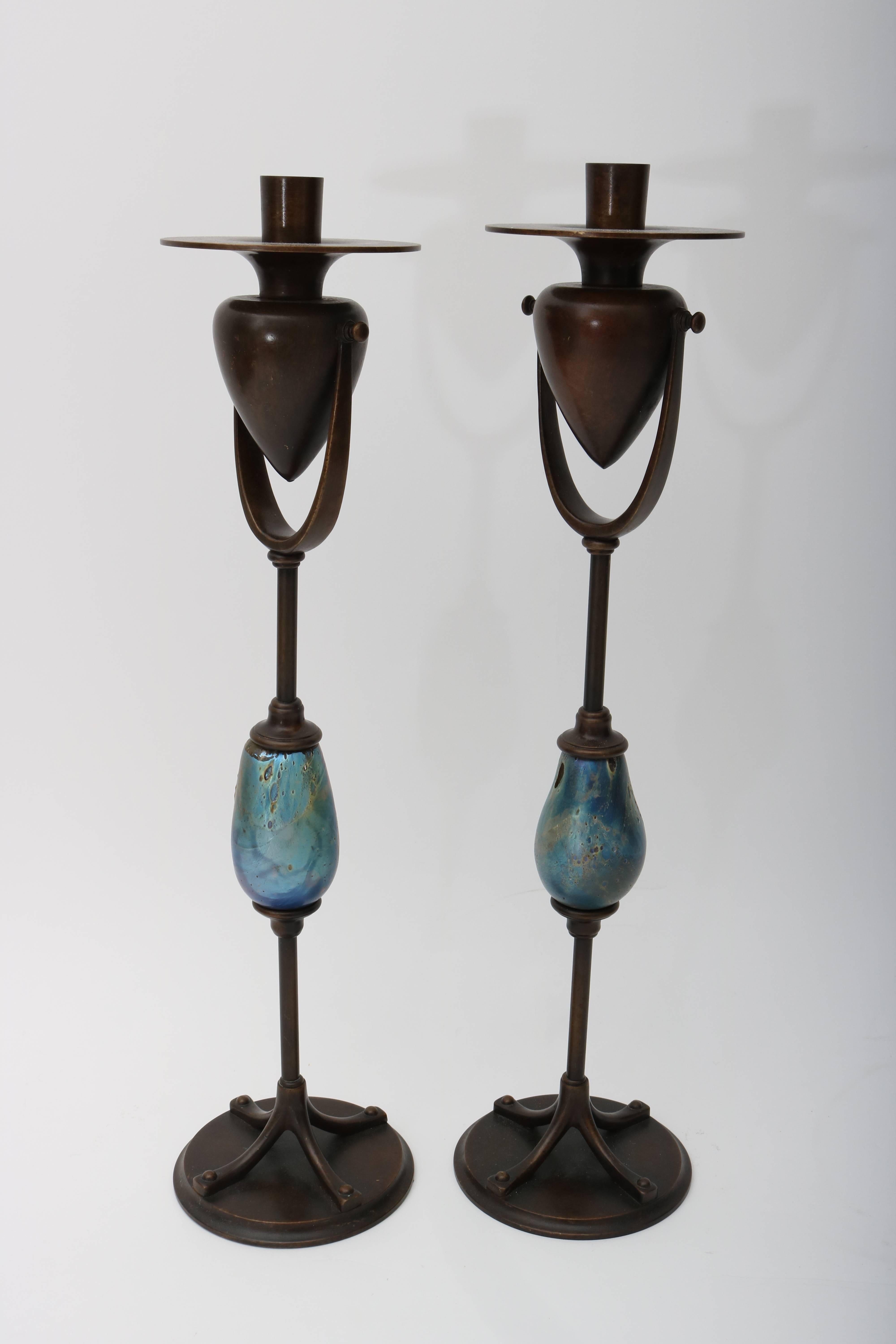 20th Century Pair of Candlesticks, Louis C. Tiffany Furnaces Inc, Bronze and Favrile Glass For Sale