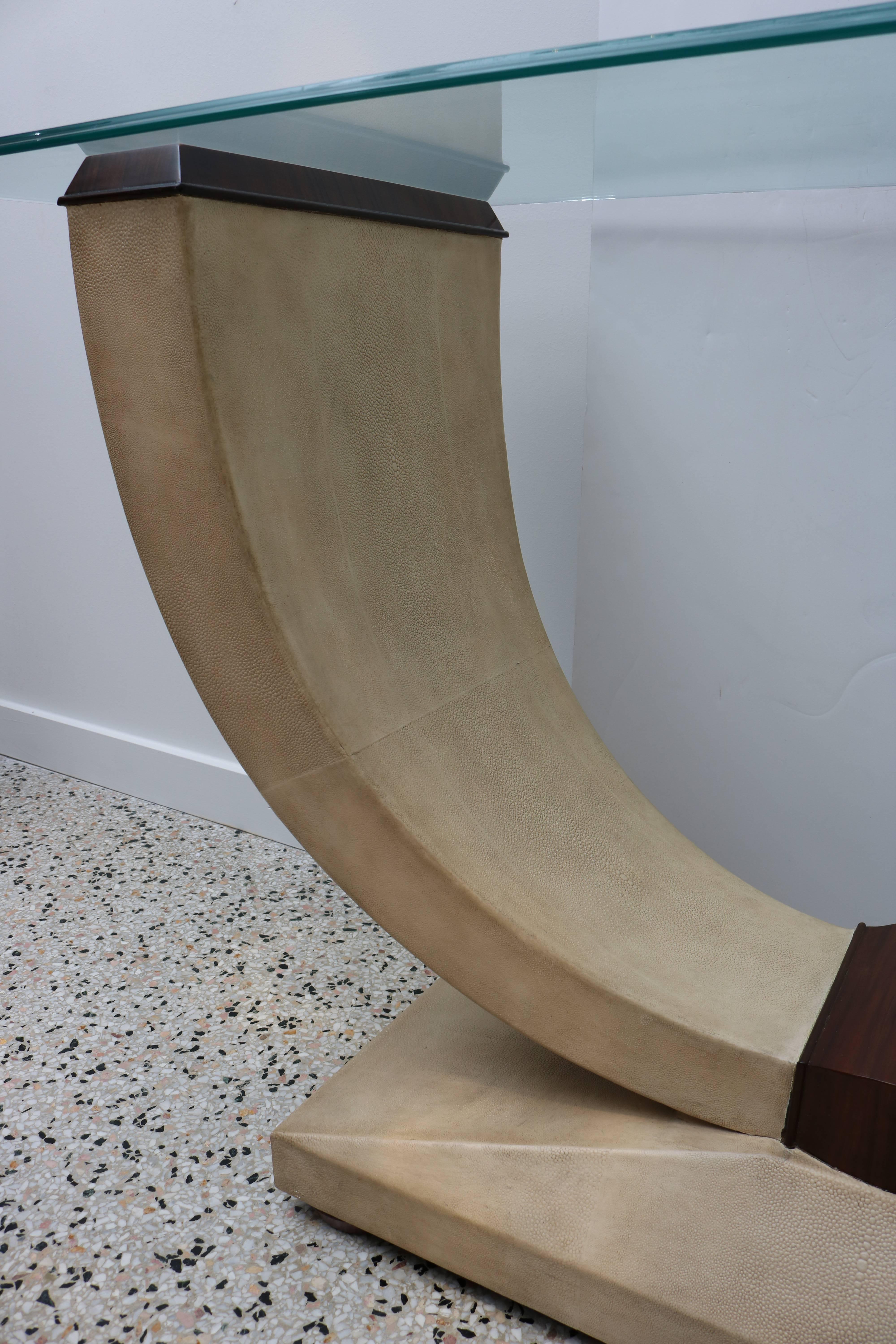 Art Deco Style Console Table in Shagreen, Zebra Wood and Glass Top 2