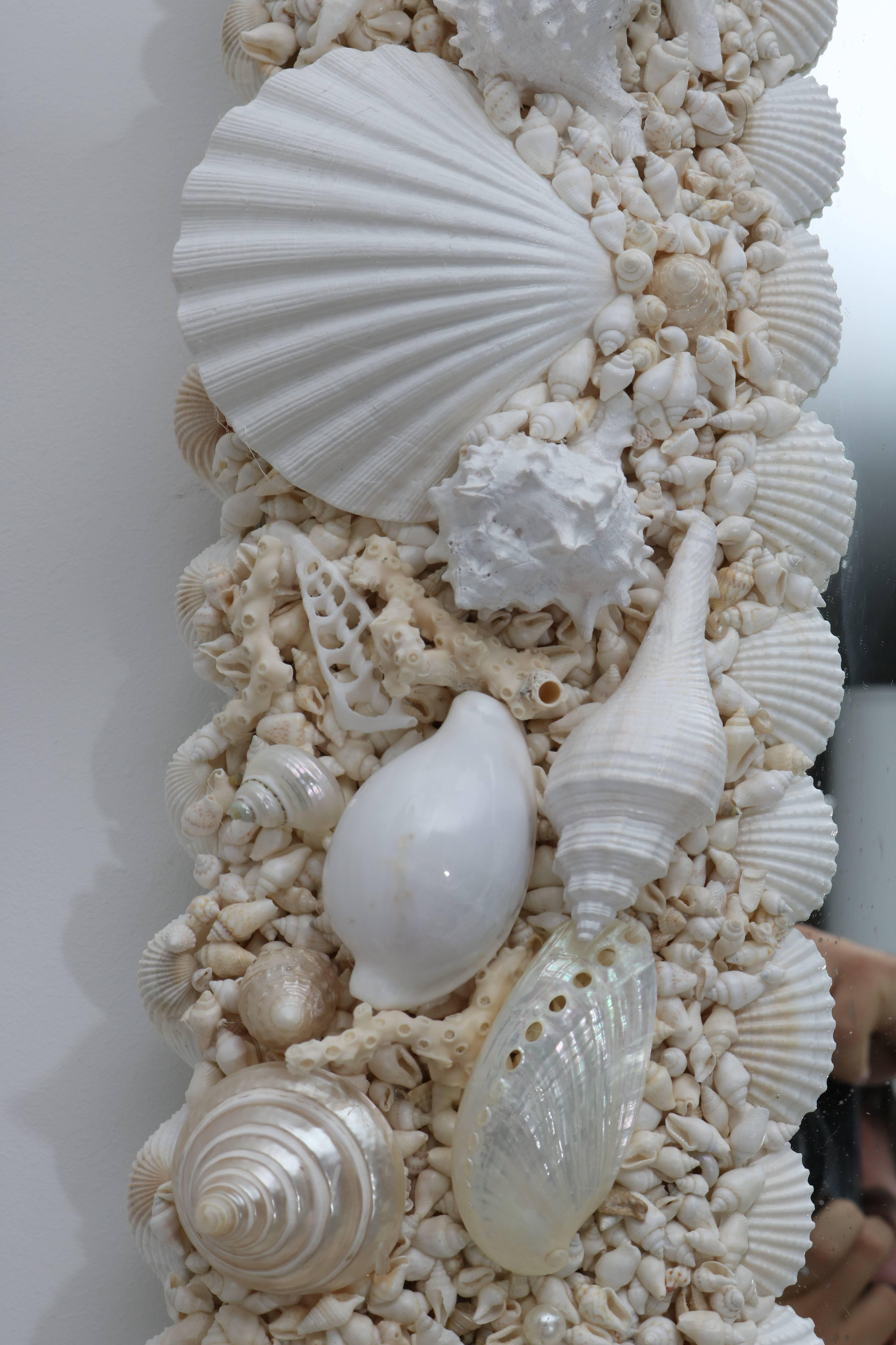 Contemporary Tony Duquette Style Sea Shell Encrusted Mirror in White and Pearlized Coloration