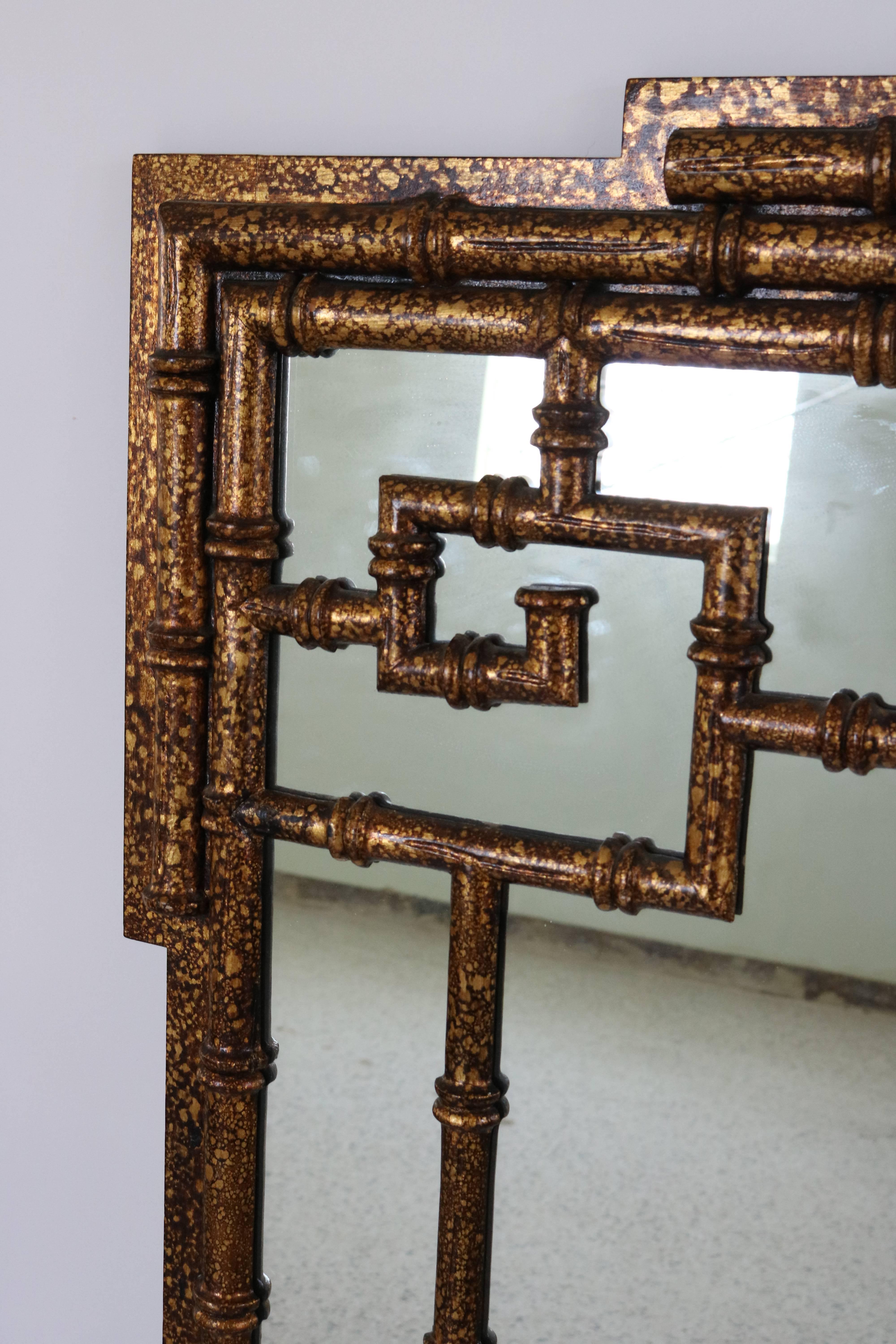Tony Duquette Style, Hollywood Regency Faux Bamboo Gilt Gold Mirror 1
