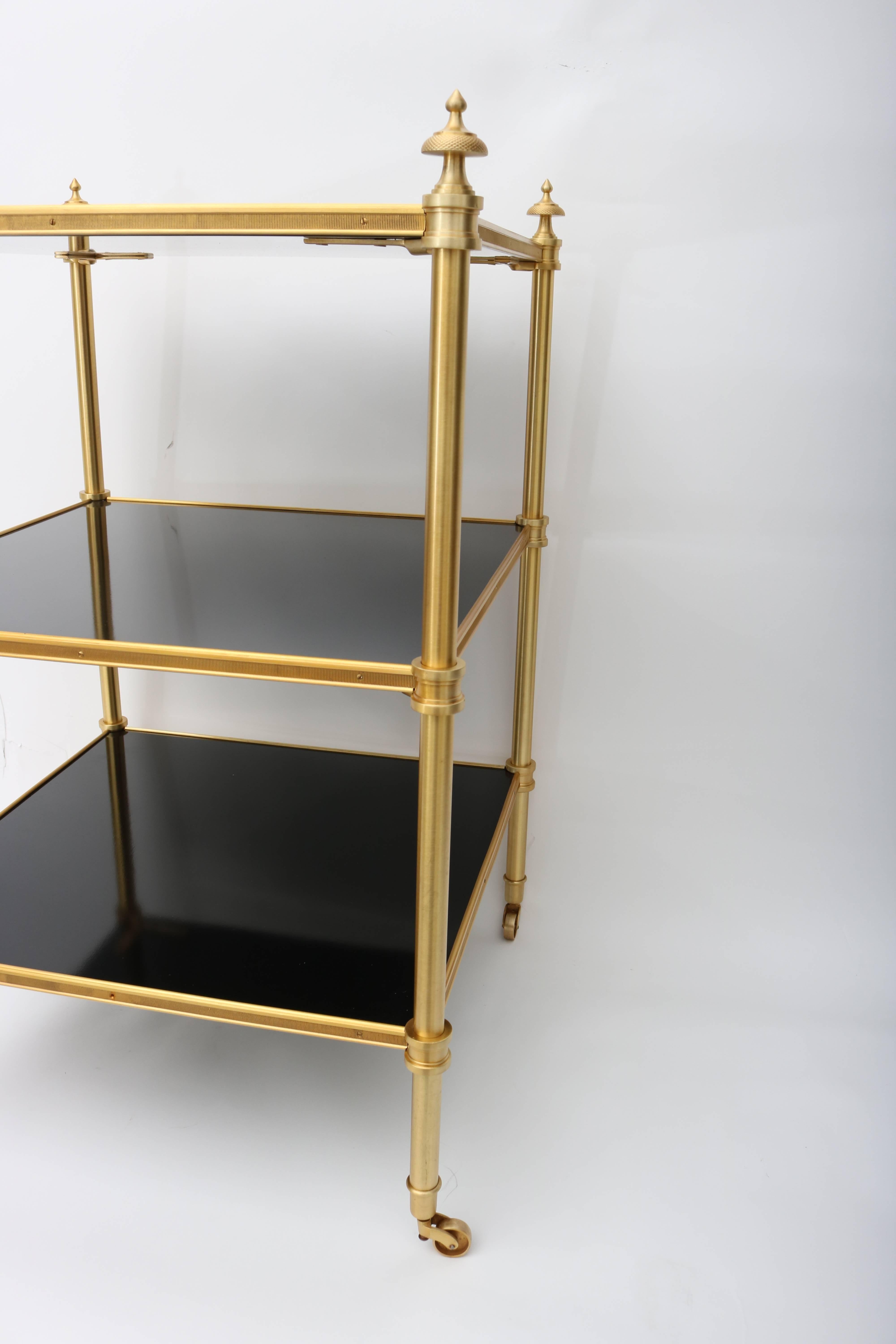 French Pair of Stephane Boudin for Maison Jansen Side Tables in Brass & Black Lacquer