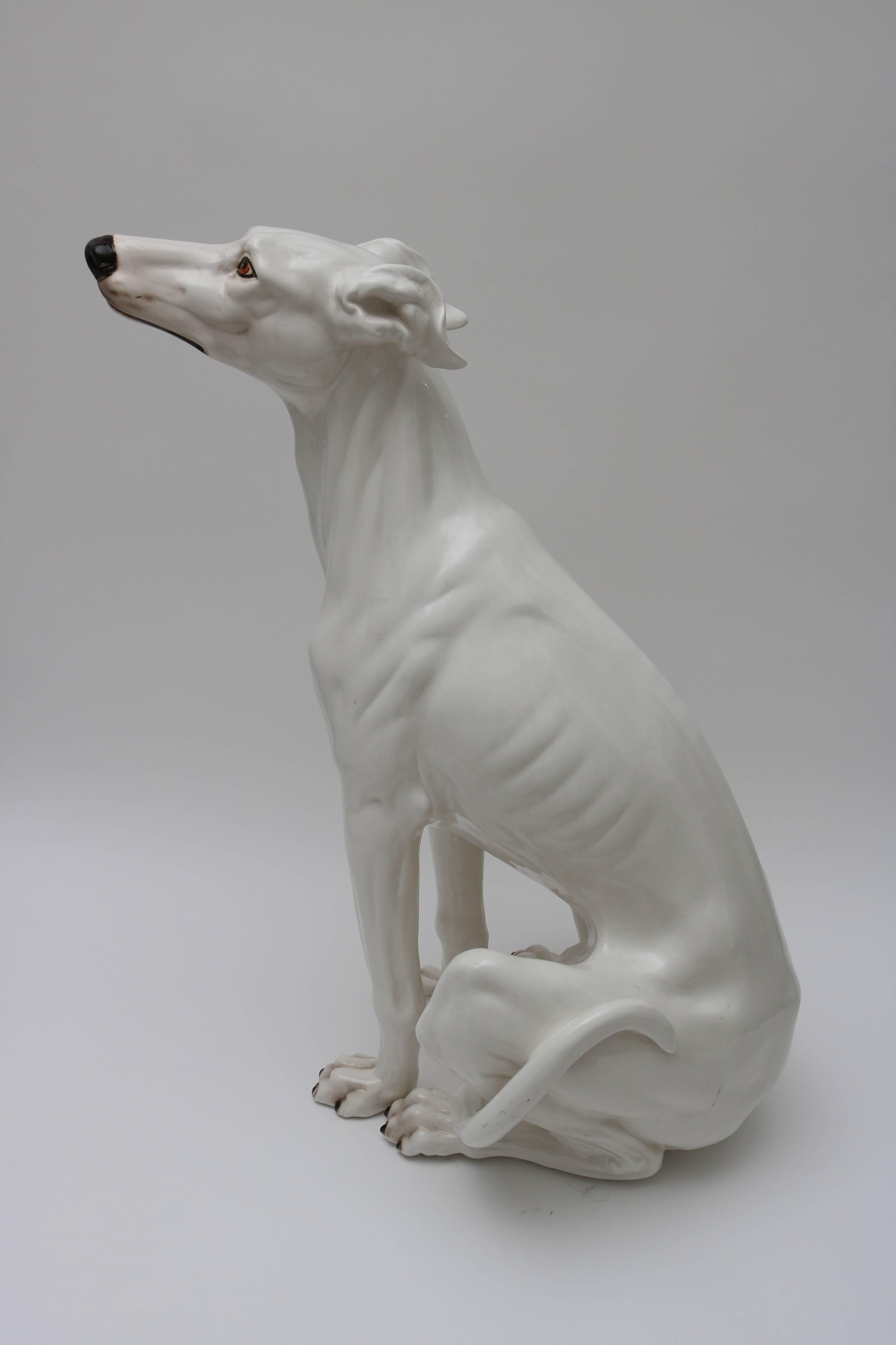 Hollywood Regency Lifesize Italian Glazed Ceramic Grey Hound Sculpture