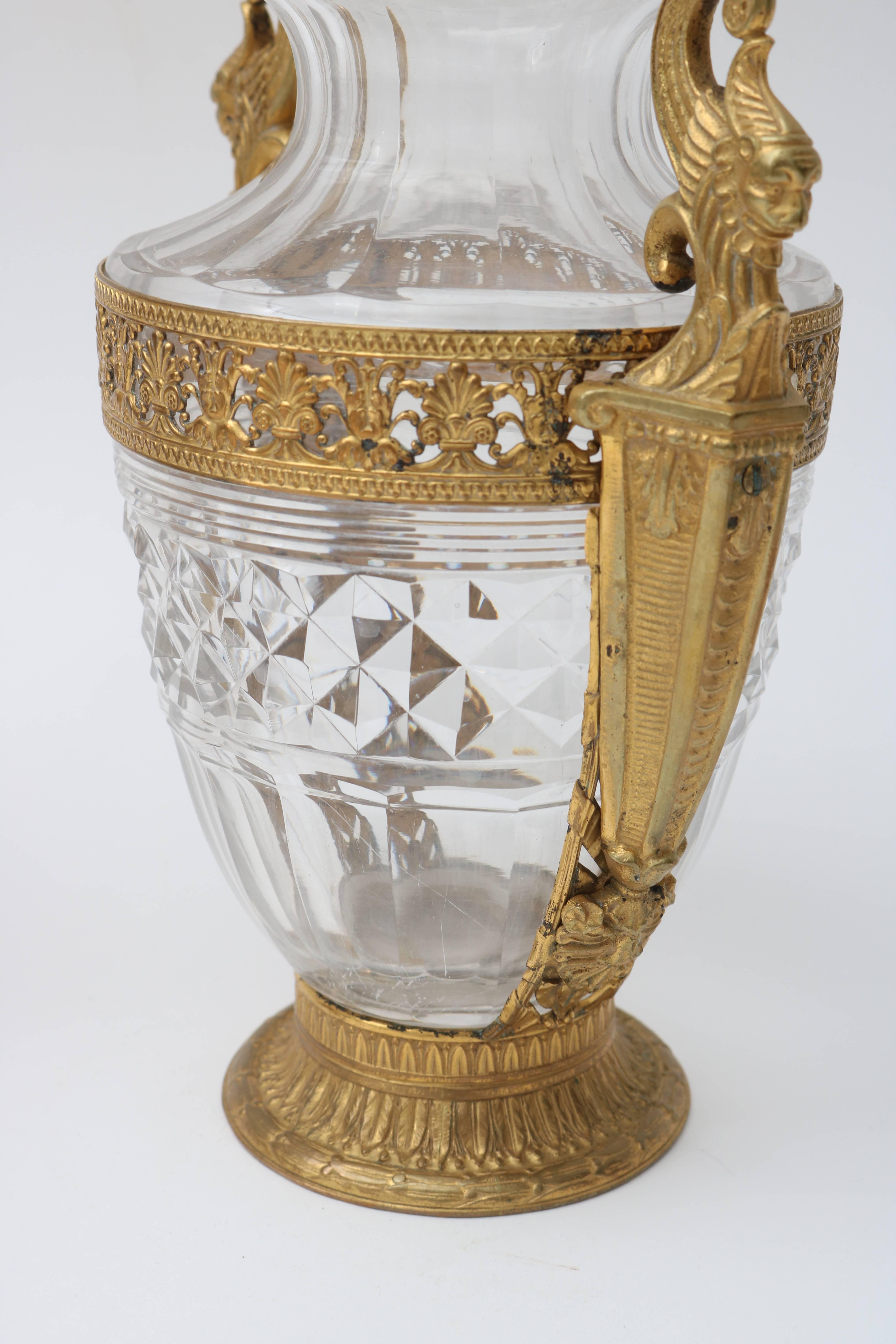19th Century  French Empire Style Bronze and Crystal Vases For Sale