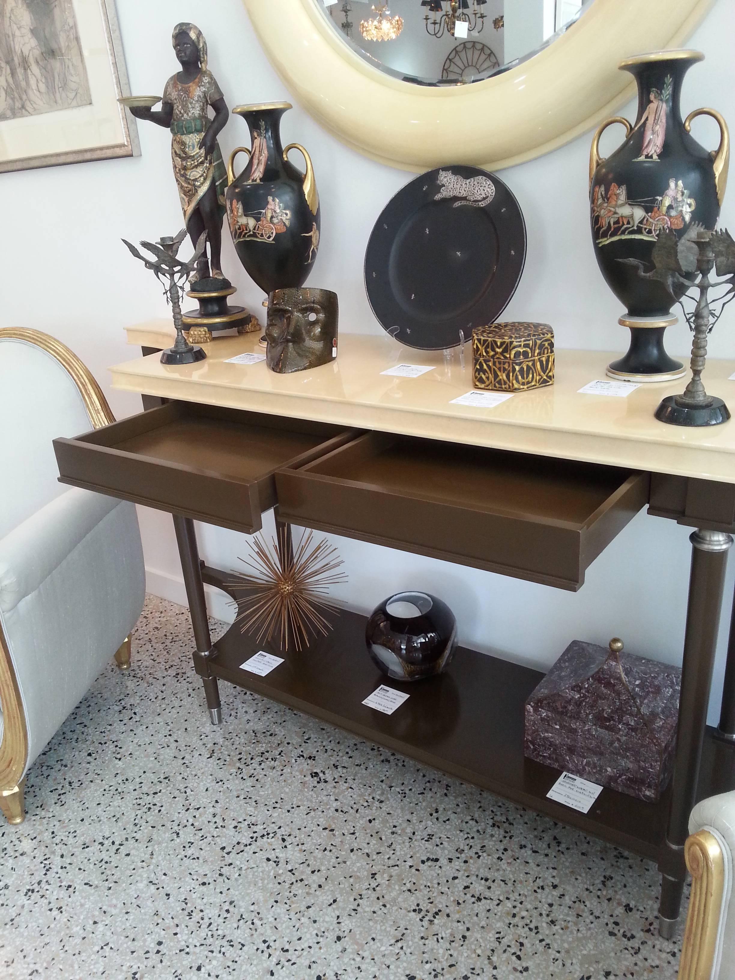 French  Lucien Rollen Goatskin Lacquered Console and Mirror For Sale