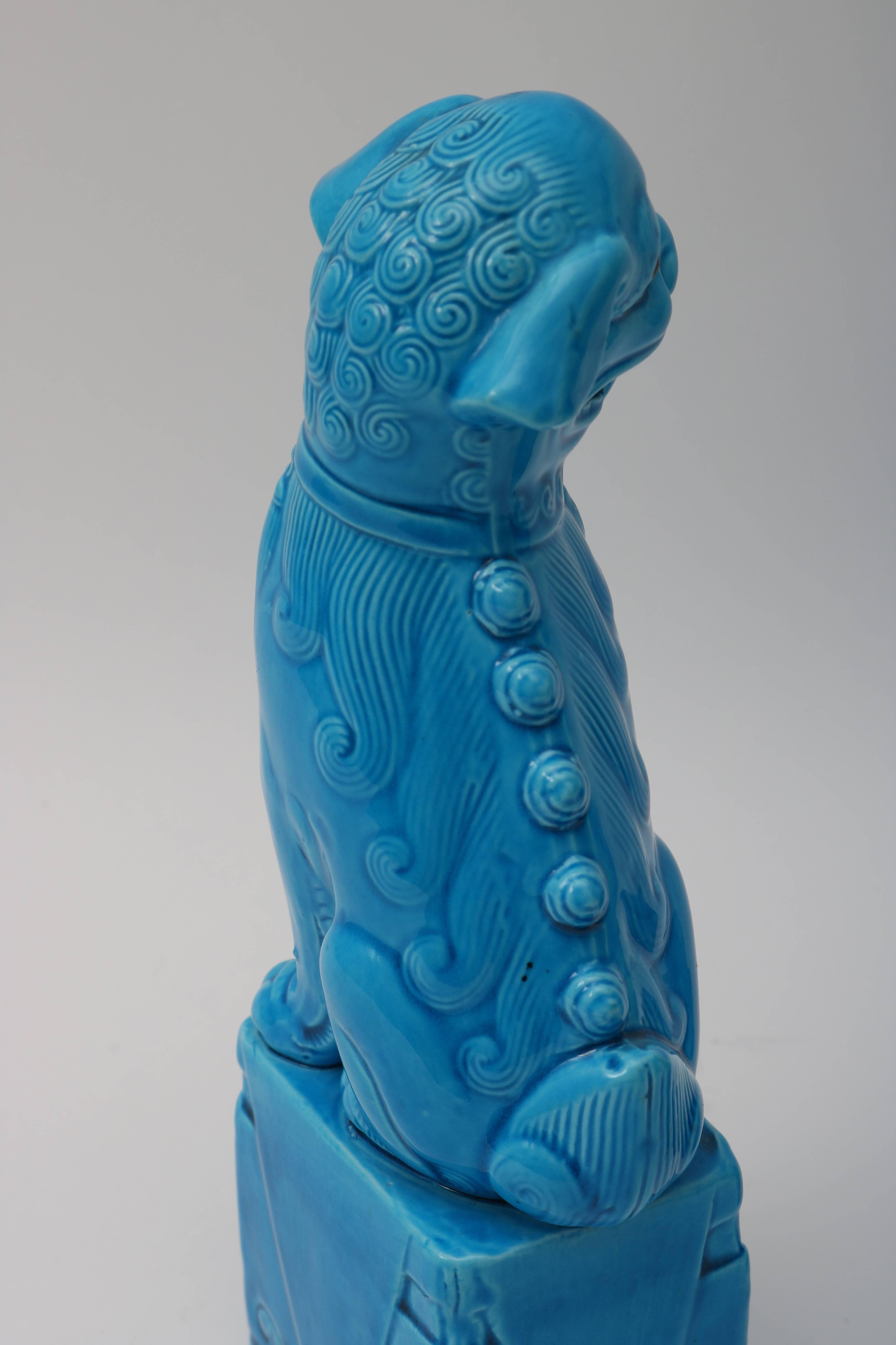 Pair of 1920s Chinese, Glazed Peking Blue Foo Dogs In Excellent Condition In West Palm Beach, FL