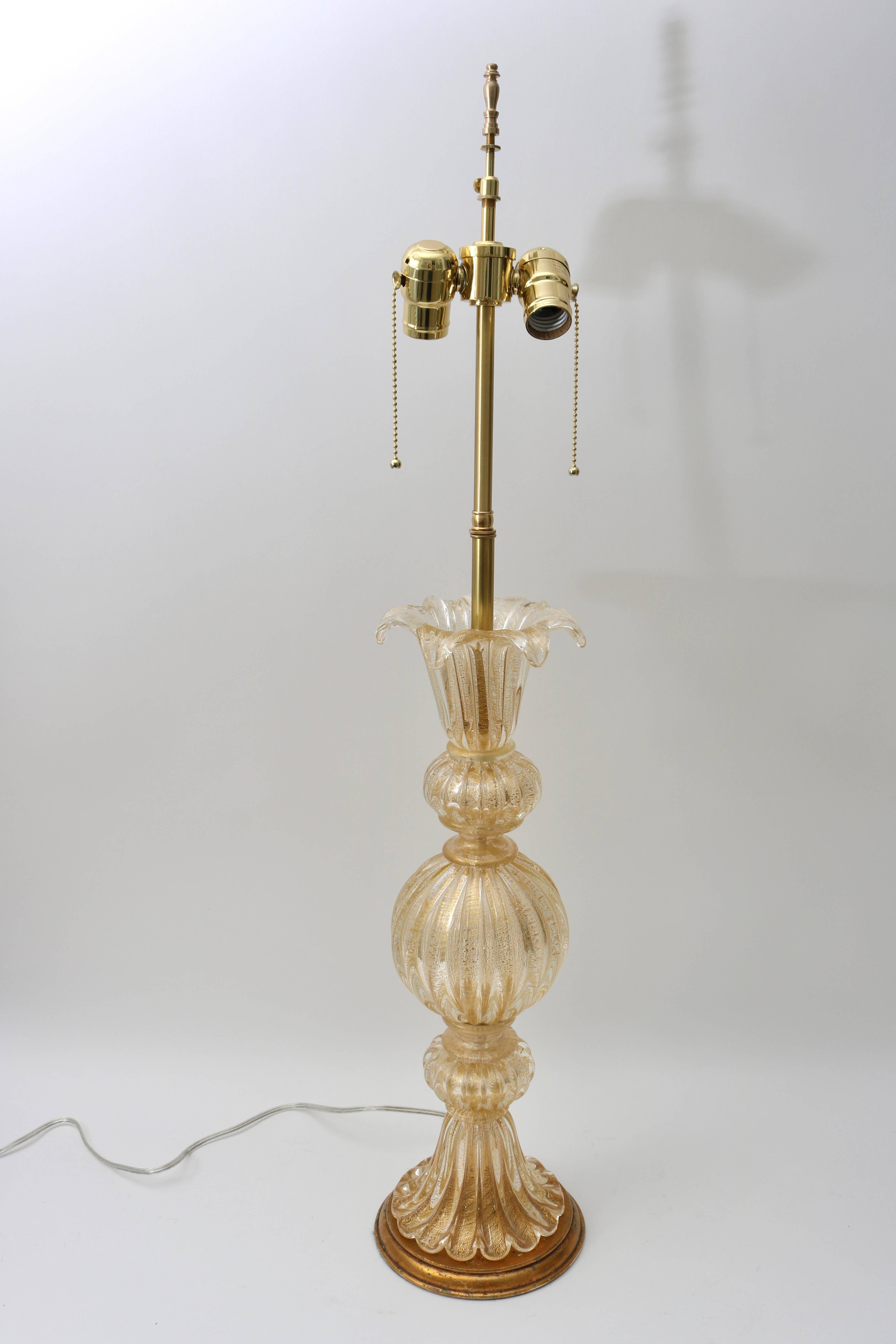 Hollywood Regency Pair of Barovier Et Toso Murano Glass Lamps in Clear Gold Coloration