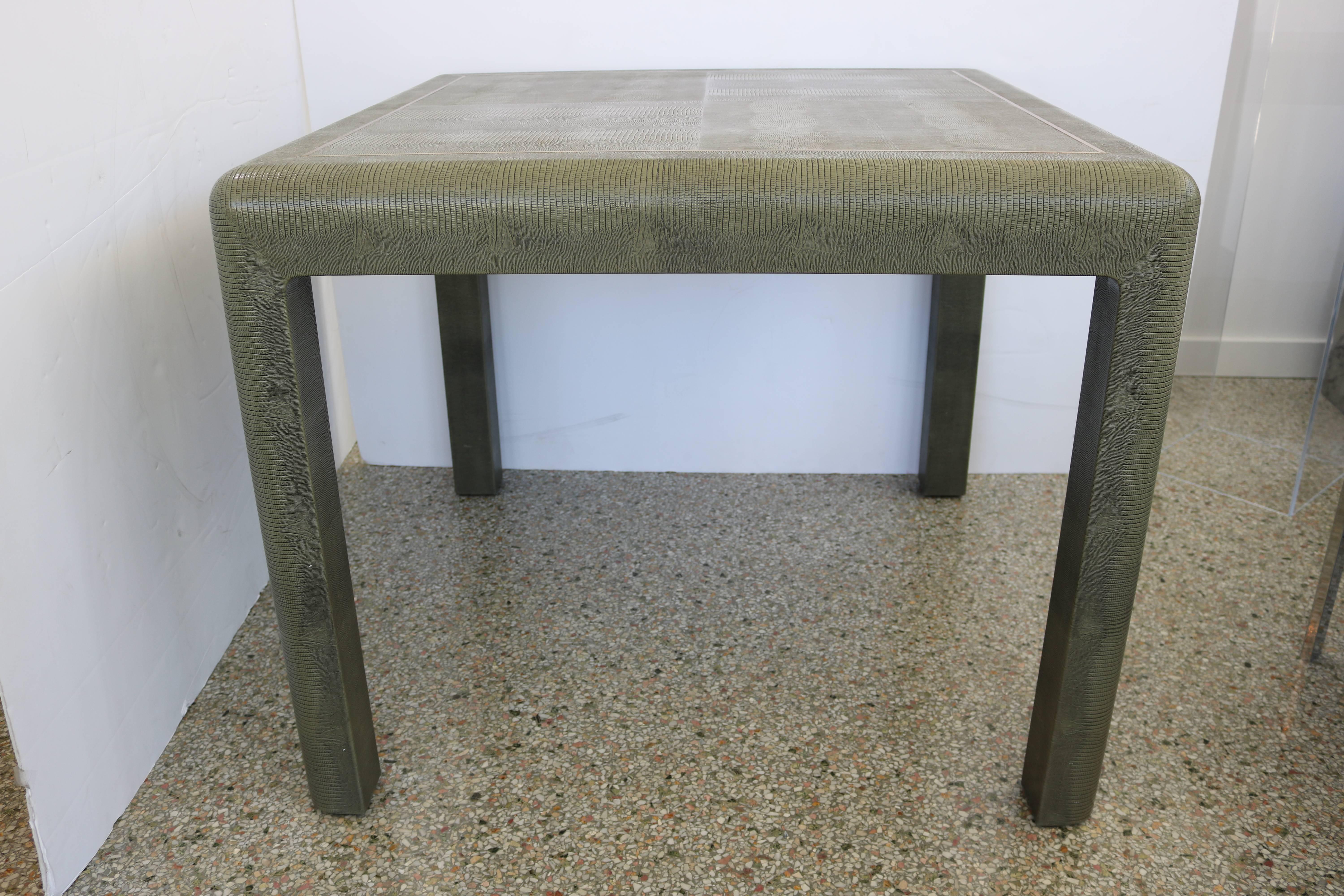 Karl Springer Game Table in Green Faux Lizard with Brass Trim, circa 1986 3