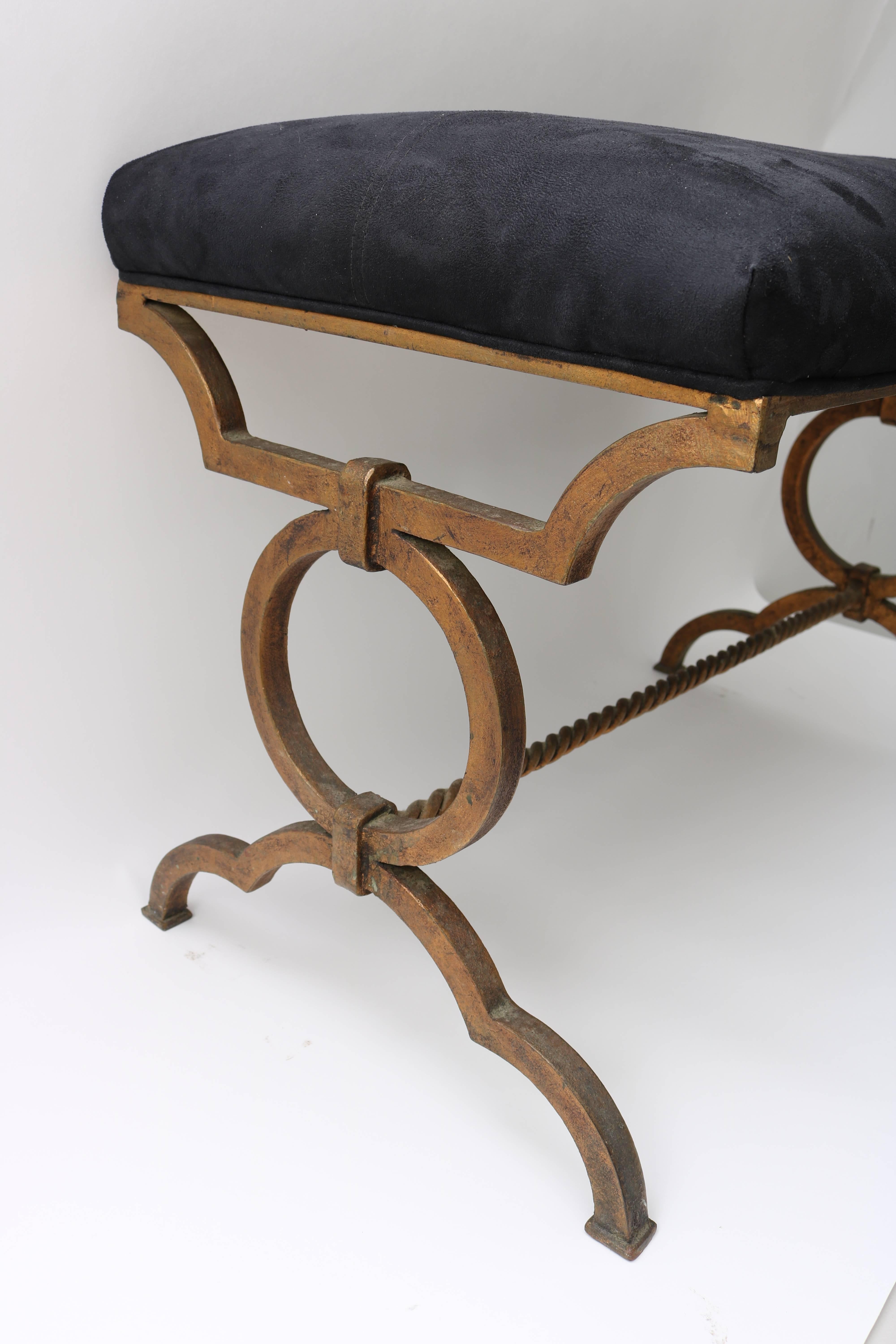 20th Century Gilt Gold Bronze Bench with Black Suede Upholstery