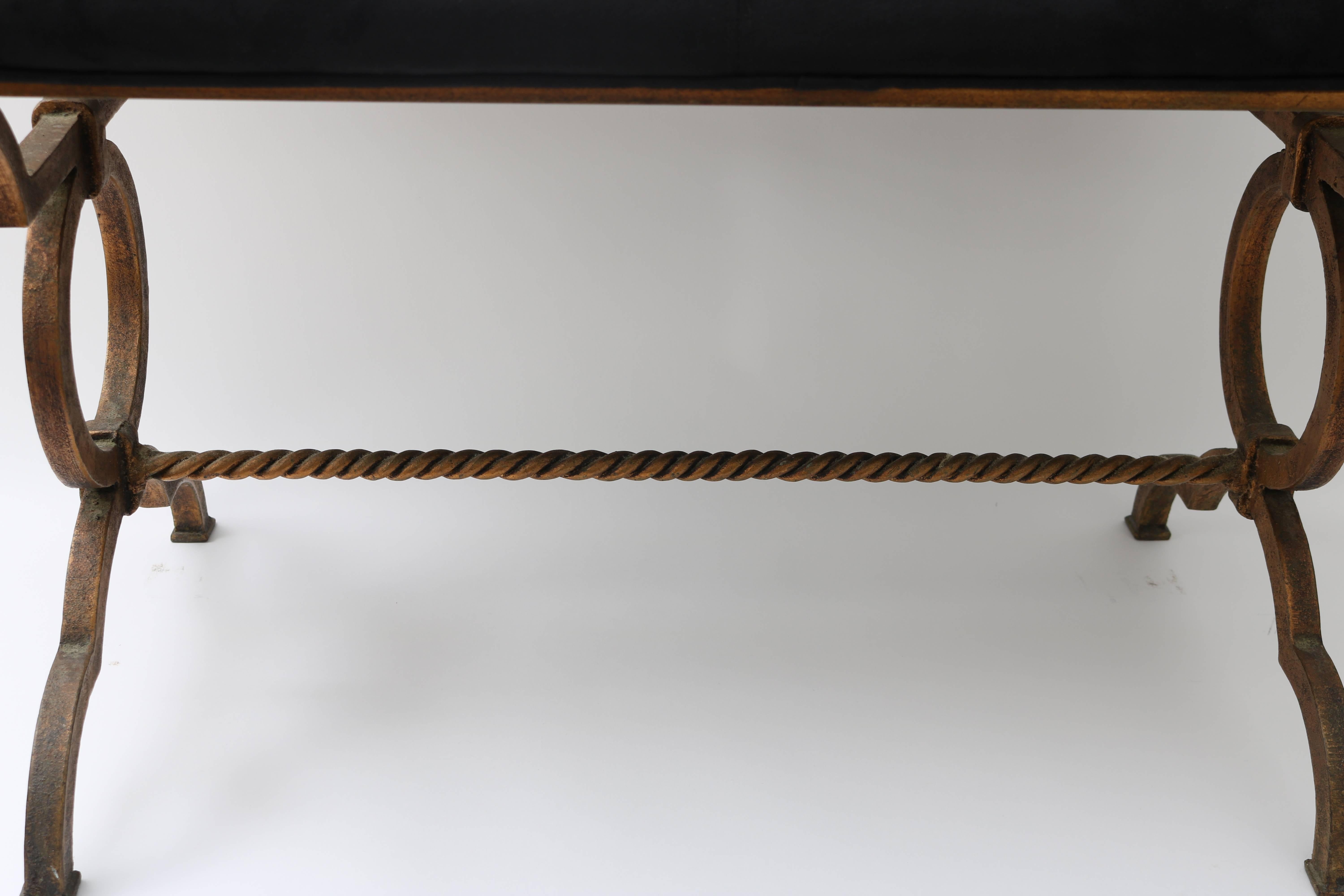 Hand-Crafted Gilt Gold Bronze Bench with Black Suede Upholstery