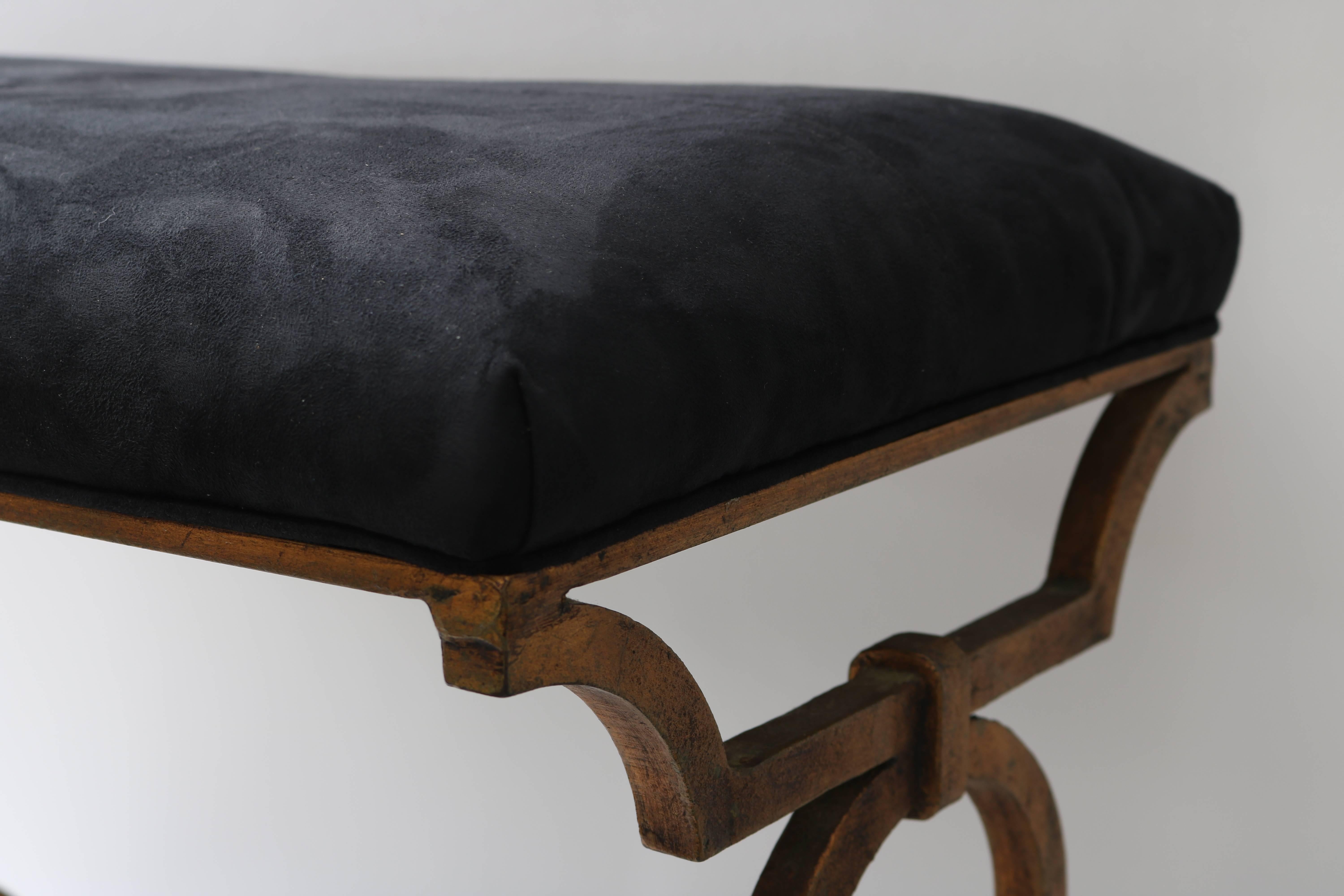 Gilt Gold Bronze Bench with Black Suede Upholstery In Good Condition In West Palm Beach, FL