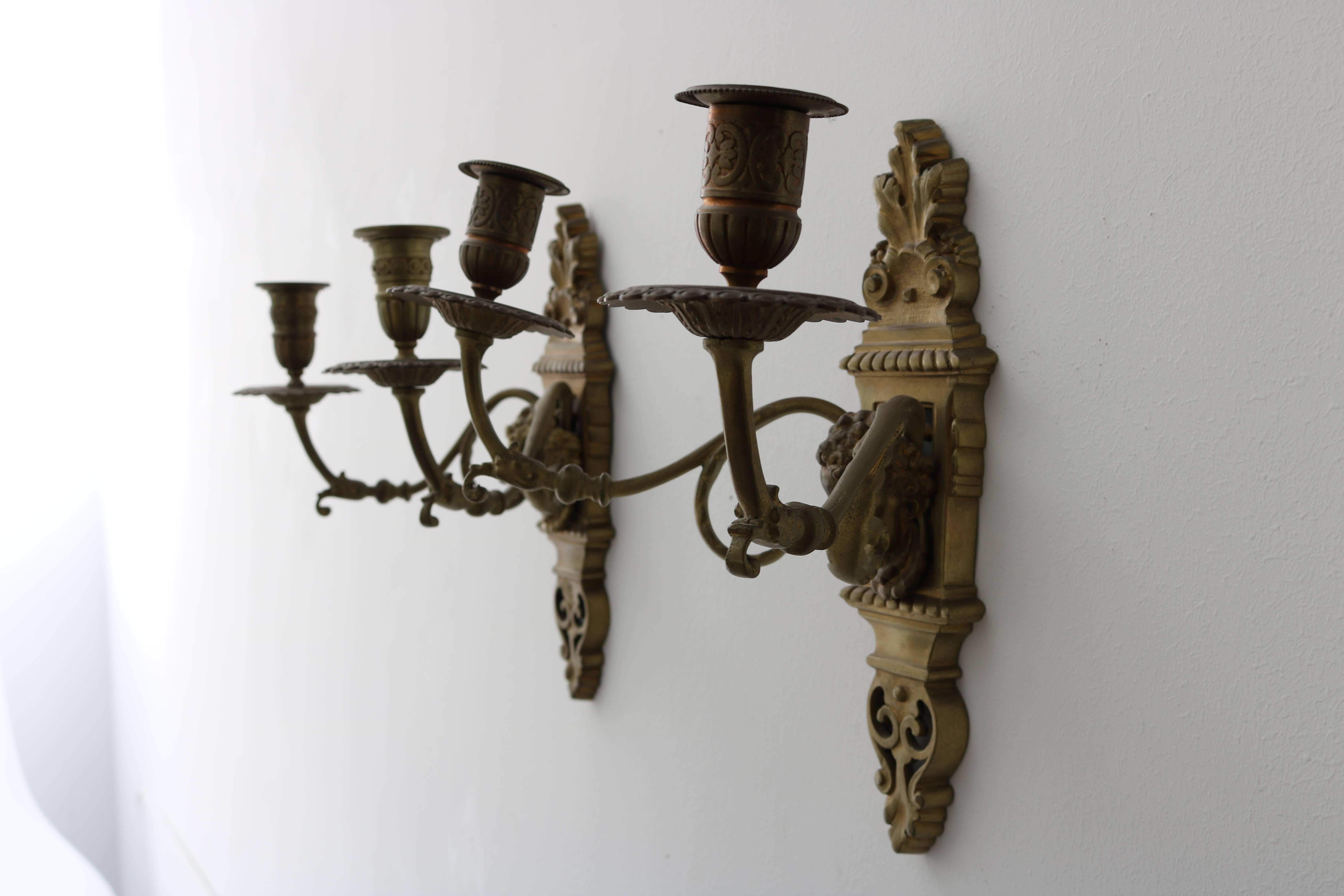 19th Century Pair of Louis XVI Style Bonze, French, Wall Sconces with Cherubs