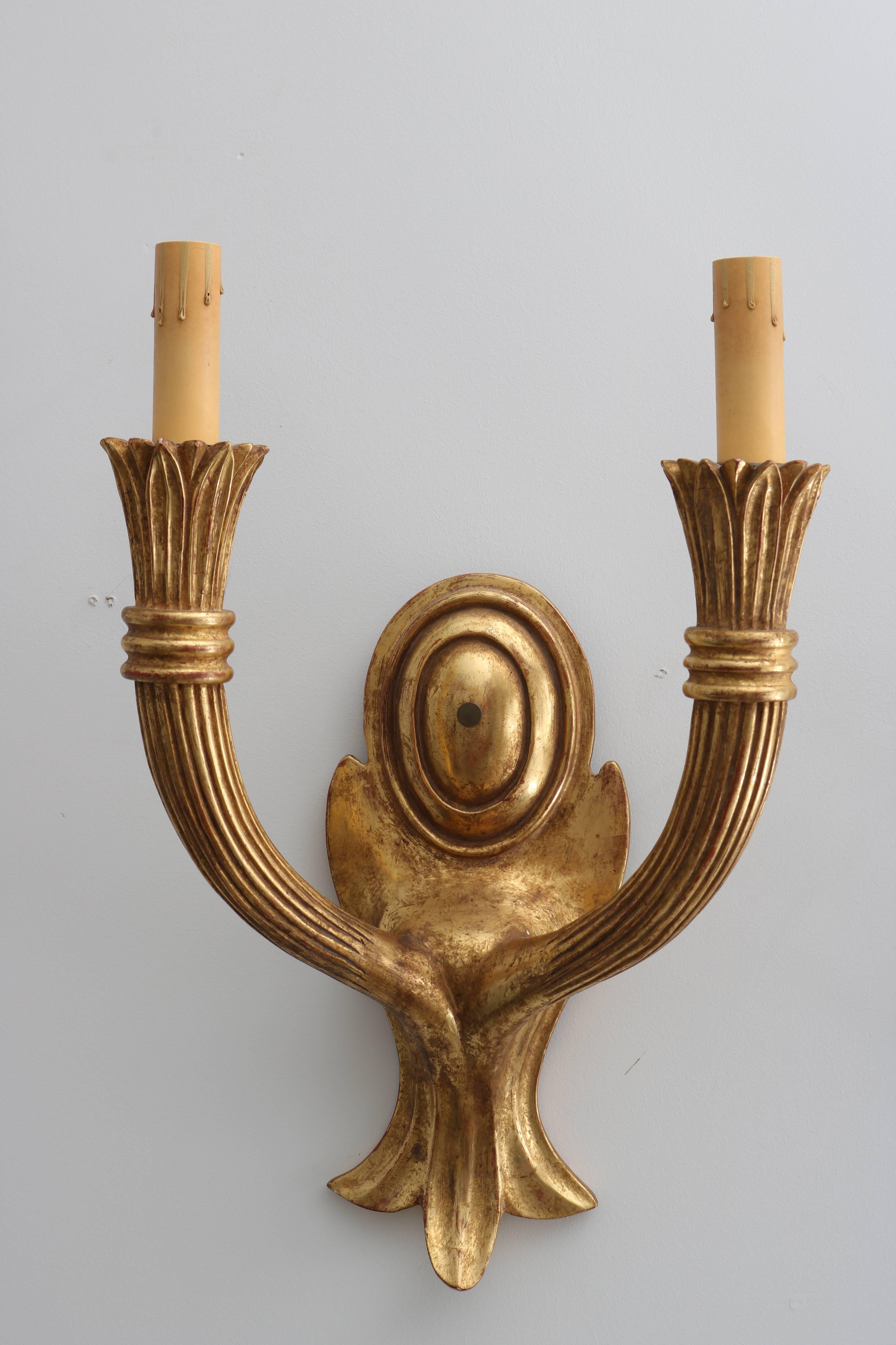 Hand-Carved Pair of Italian, Gold Leafed, Wall Sconces