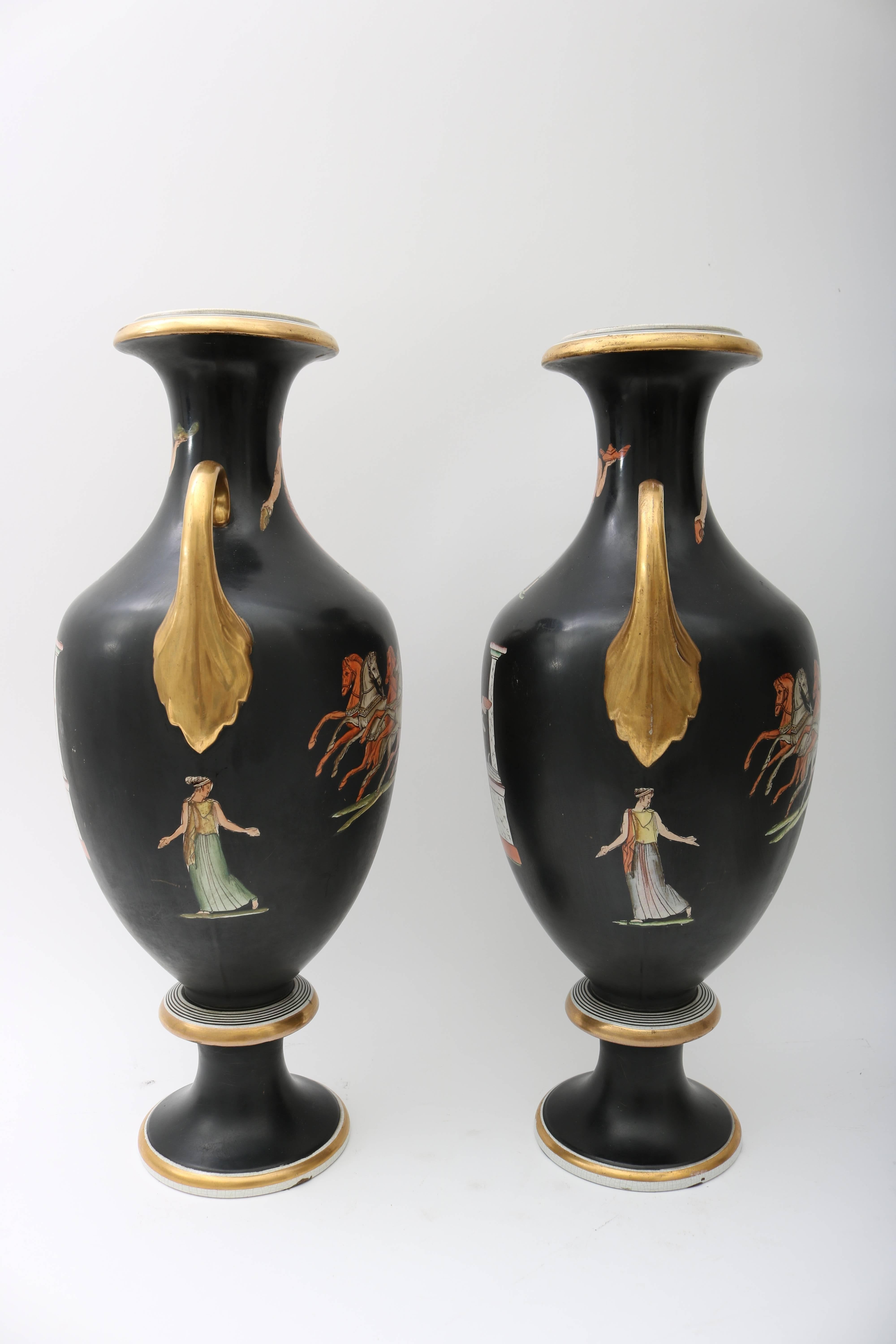 French Pair of 19th Century Neo-Classical Grand Tour Porcelain Vases in Black 