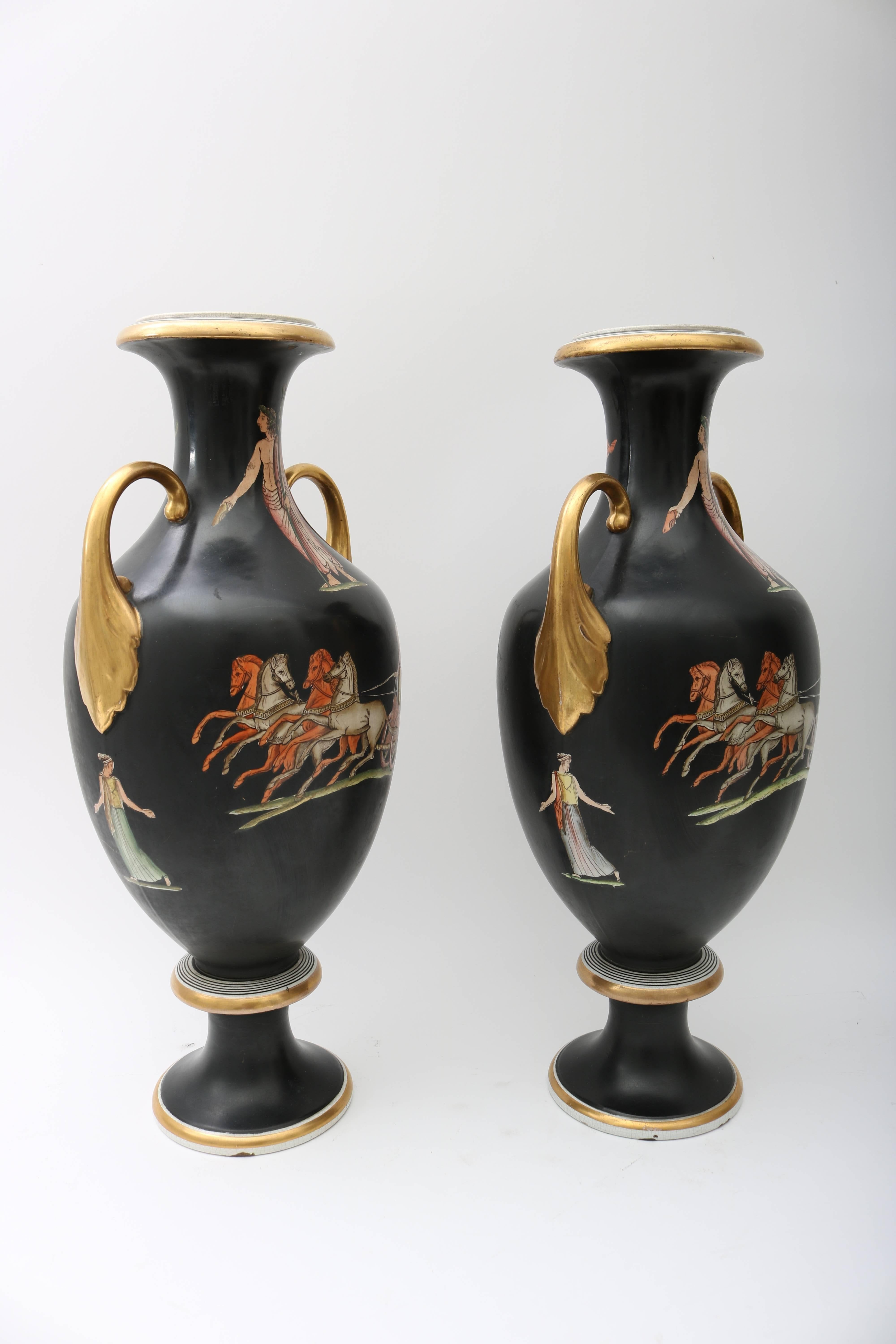 Neoclassical Revival Pair of 19th Century Neo-Classical Grand Tour Porcelain Vases in Black 