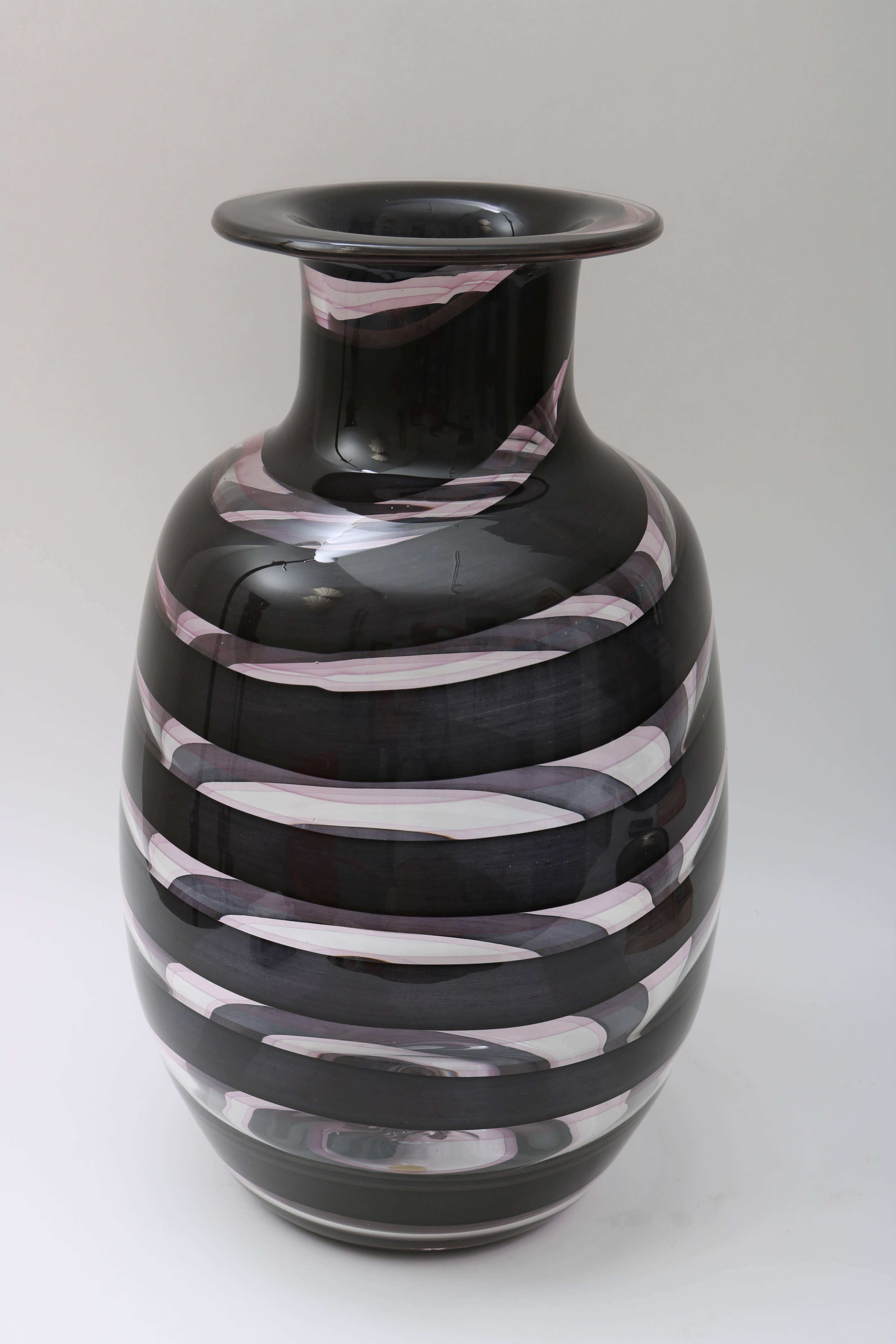 Modern Murano Glass Vase with Swirl Ribbon Motif in Clear and Dark Aubergine Color