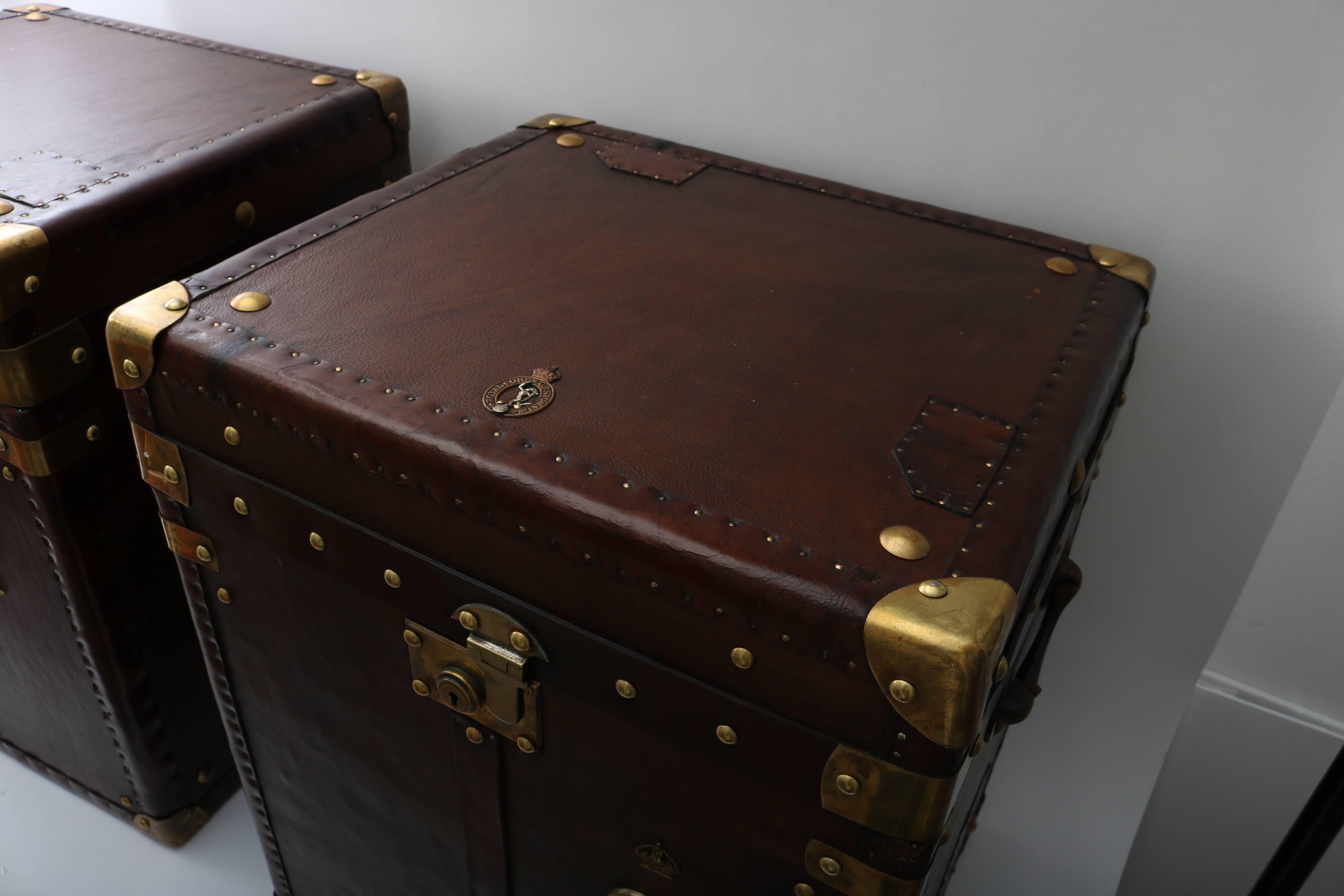 Pair of English Trunks in Leather with Brass Mounts 2