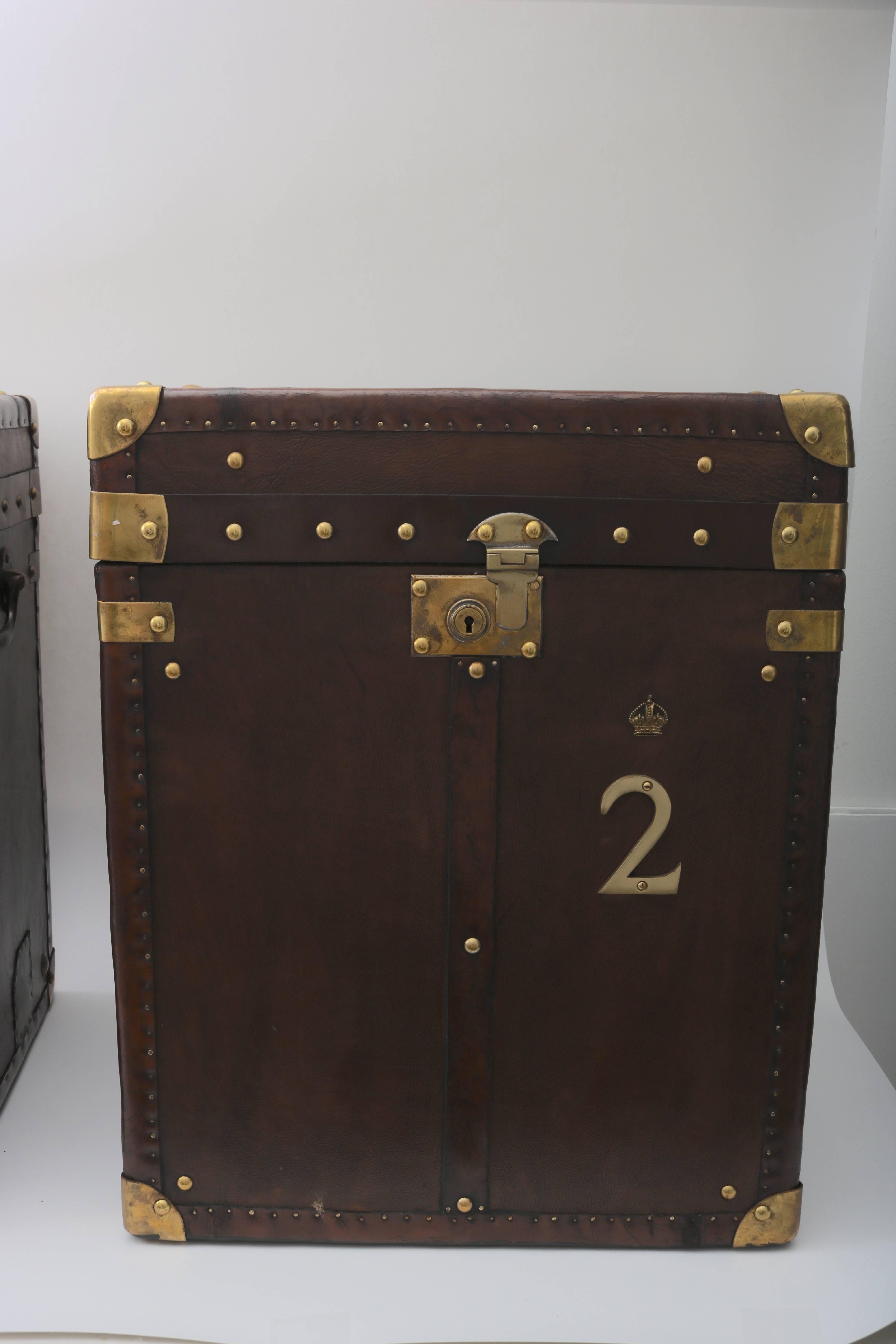 Edwardian Pair of English Trunks in Leather with Brass Mounts