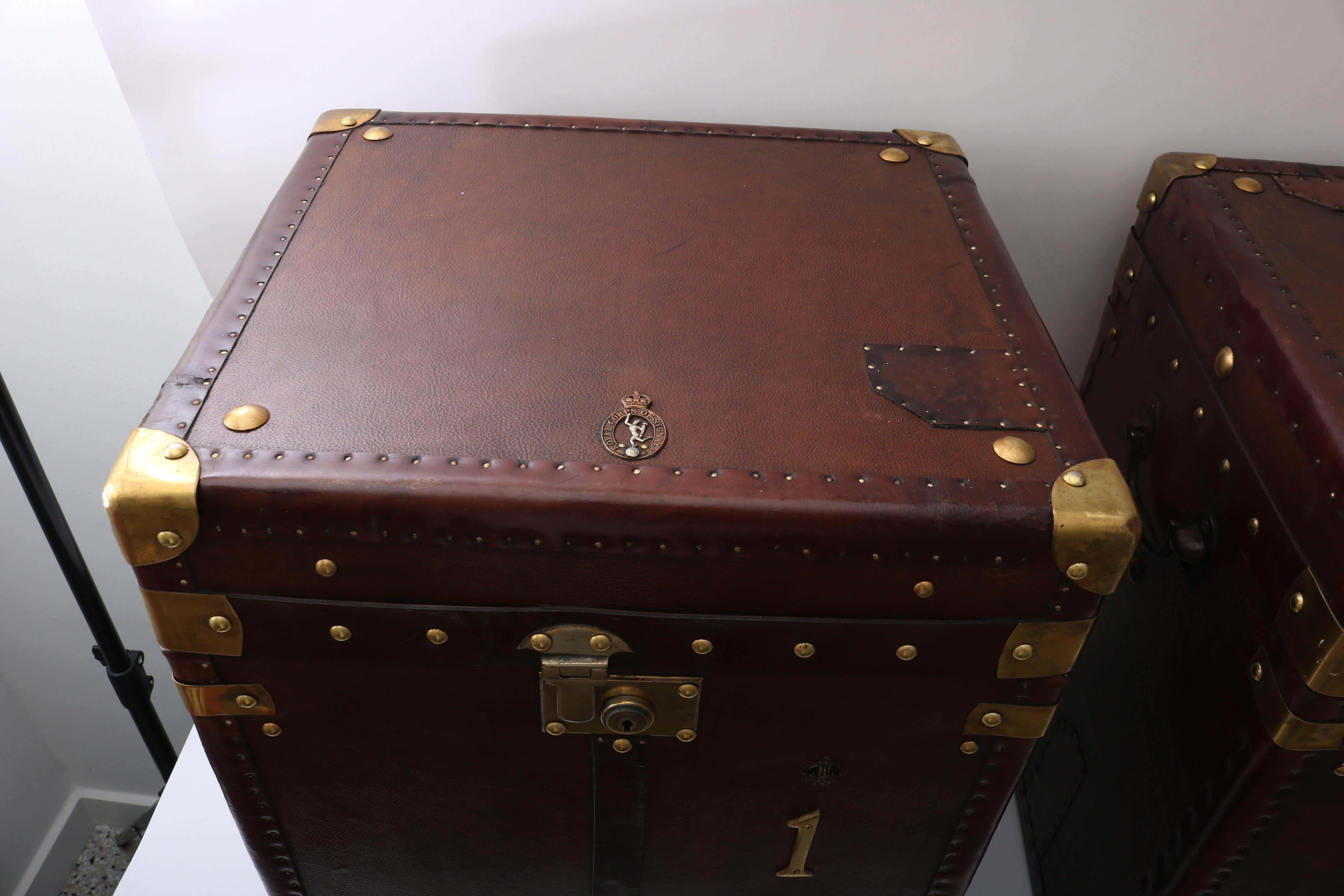 Pair of English Trunks in Leather with Brass Mounts 1