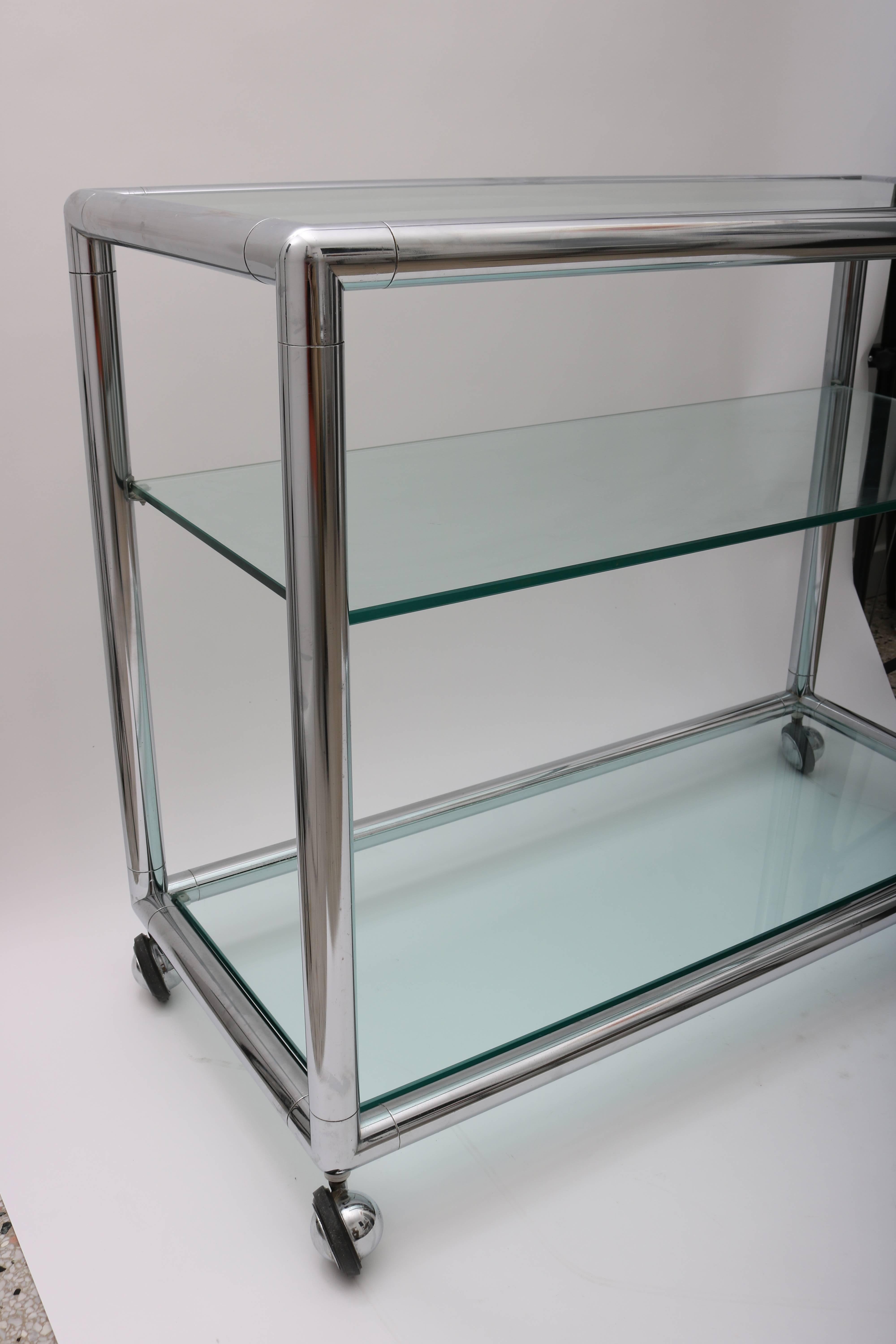 Modern Three-Tiered Polished Chrome and Glass Bar Cart, Attributed to Pace Furniture