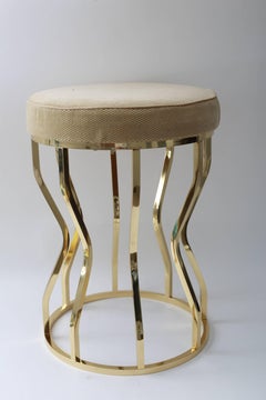 Hour Glass Form, Round Vanity Stool in Polished Brass and Velvet Upholstery
