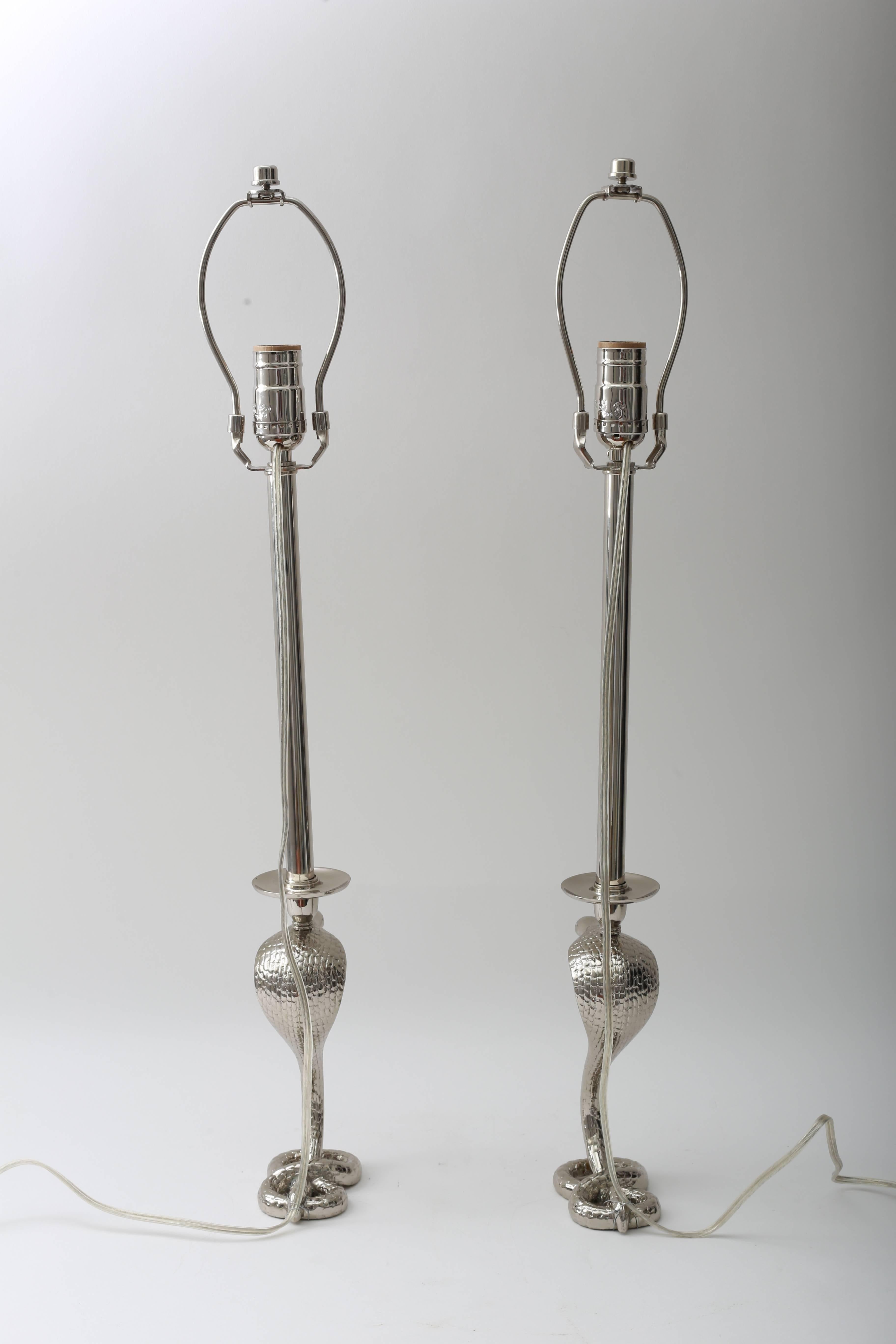 Plated Pair Cobra Table Lamps  For Sale