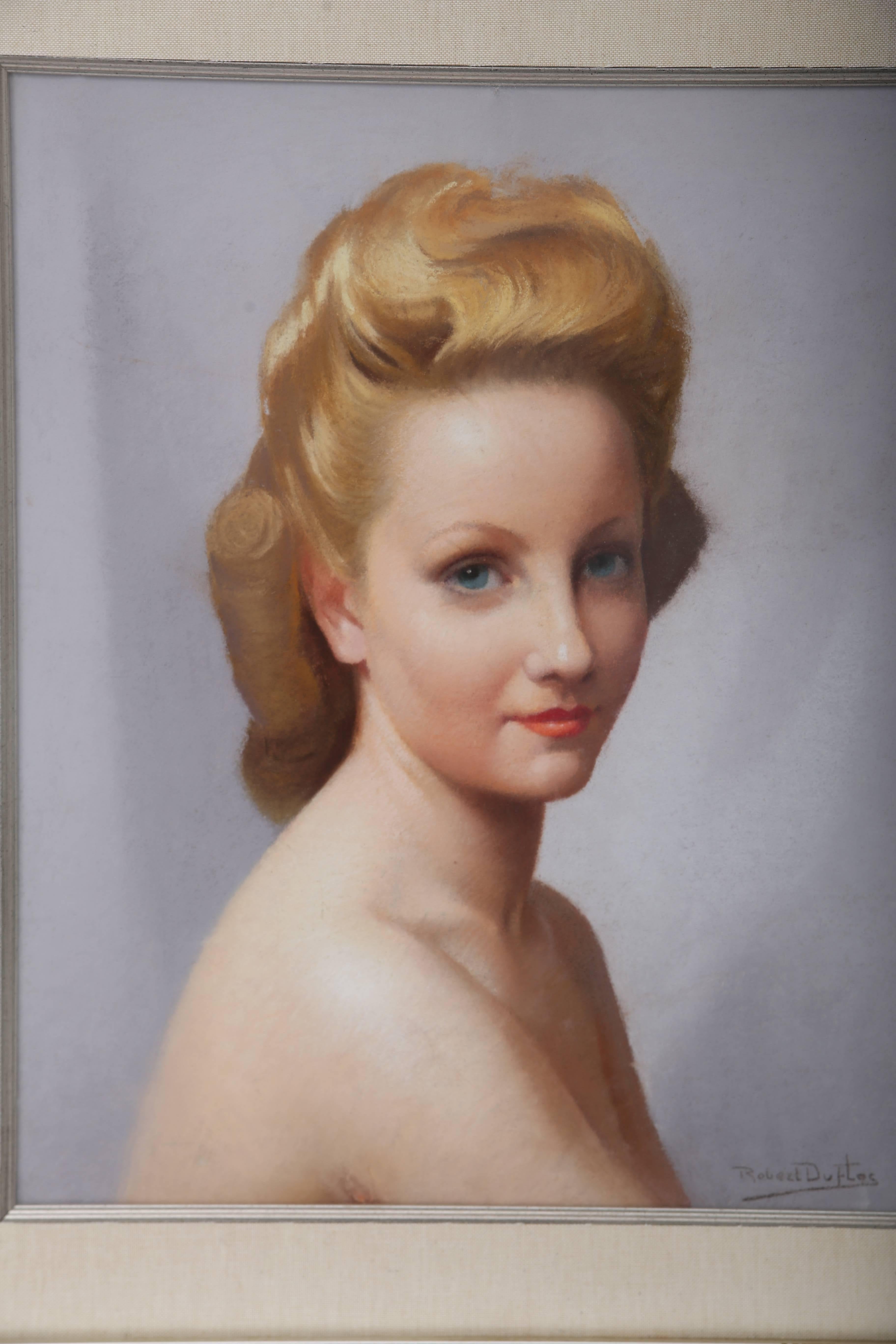 This beautiful pastel three-quarter-pose portrait was recently acquired from a London, England estate and it dates to the late 1920s to the early 1940s. The artist Robert Louis Raymond Duflos was known for his pastel portraits in the Art Deco