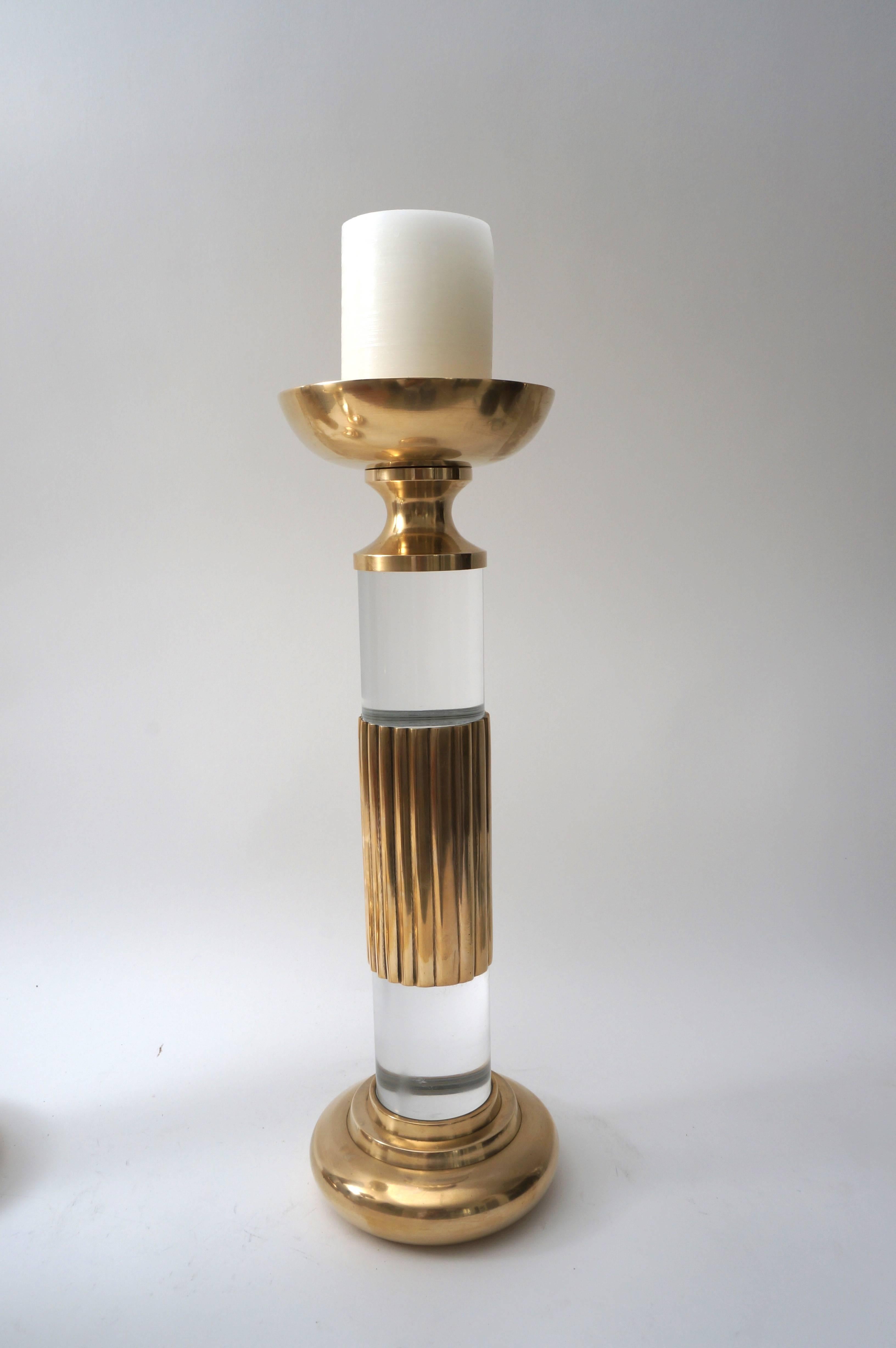 Modern Set of Three Candlesticks in Brass and Lucite